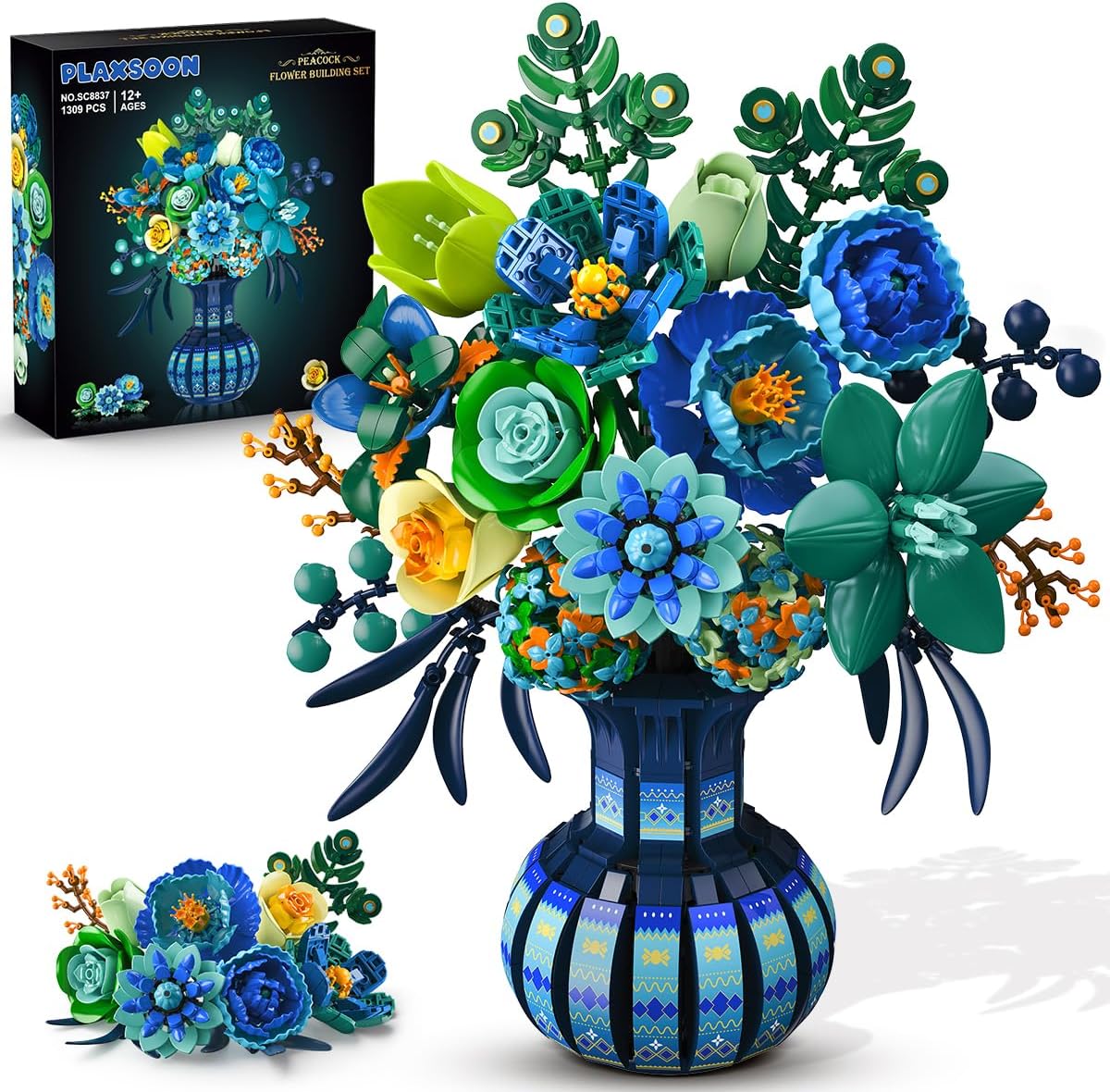 INSOON Blue & White Peacock Flower Building Set with Vase SC8837