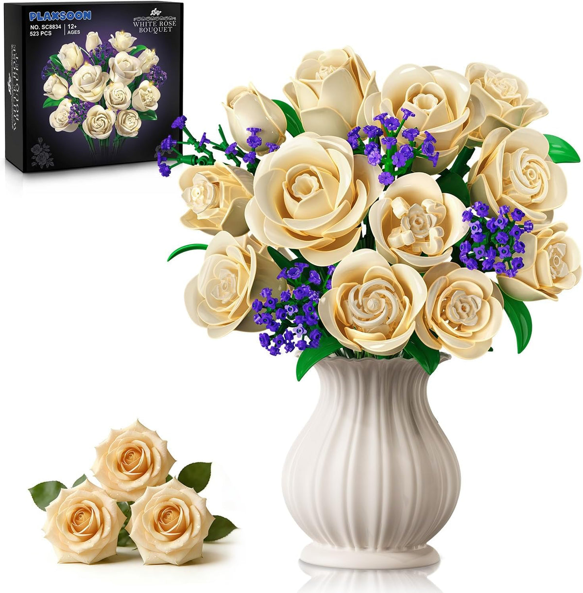 INSOON Champagne White Rose Bouquet Building Set with Lights SC8834