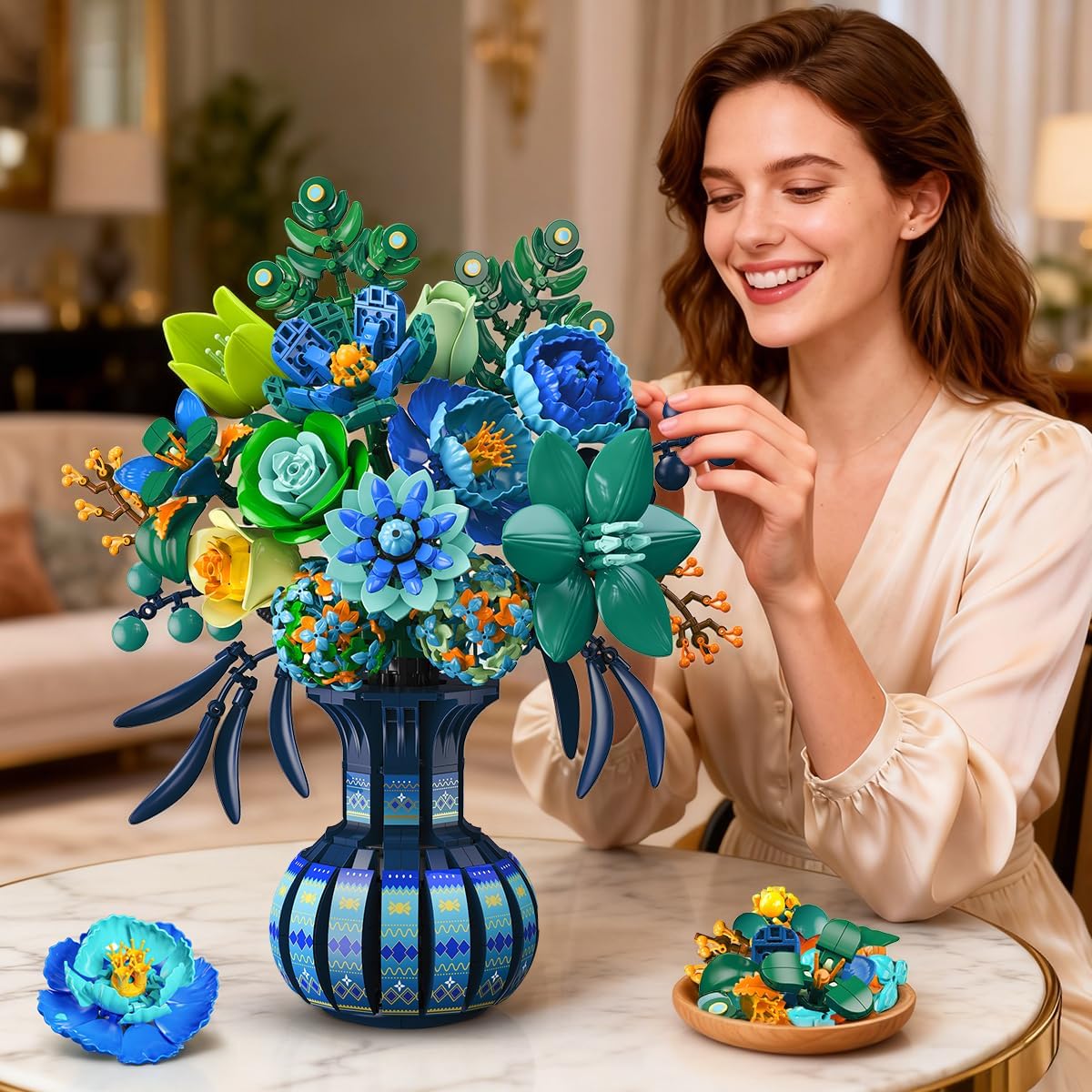 INSOON Blue & White Peacock Flower Building Set with Vase SC8837