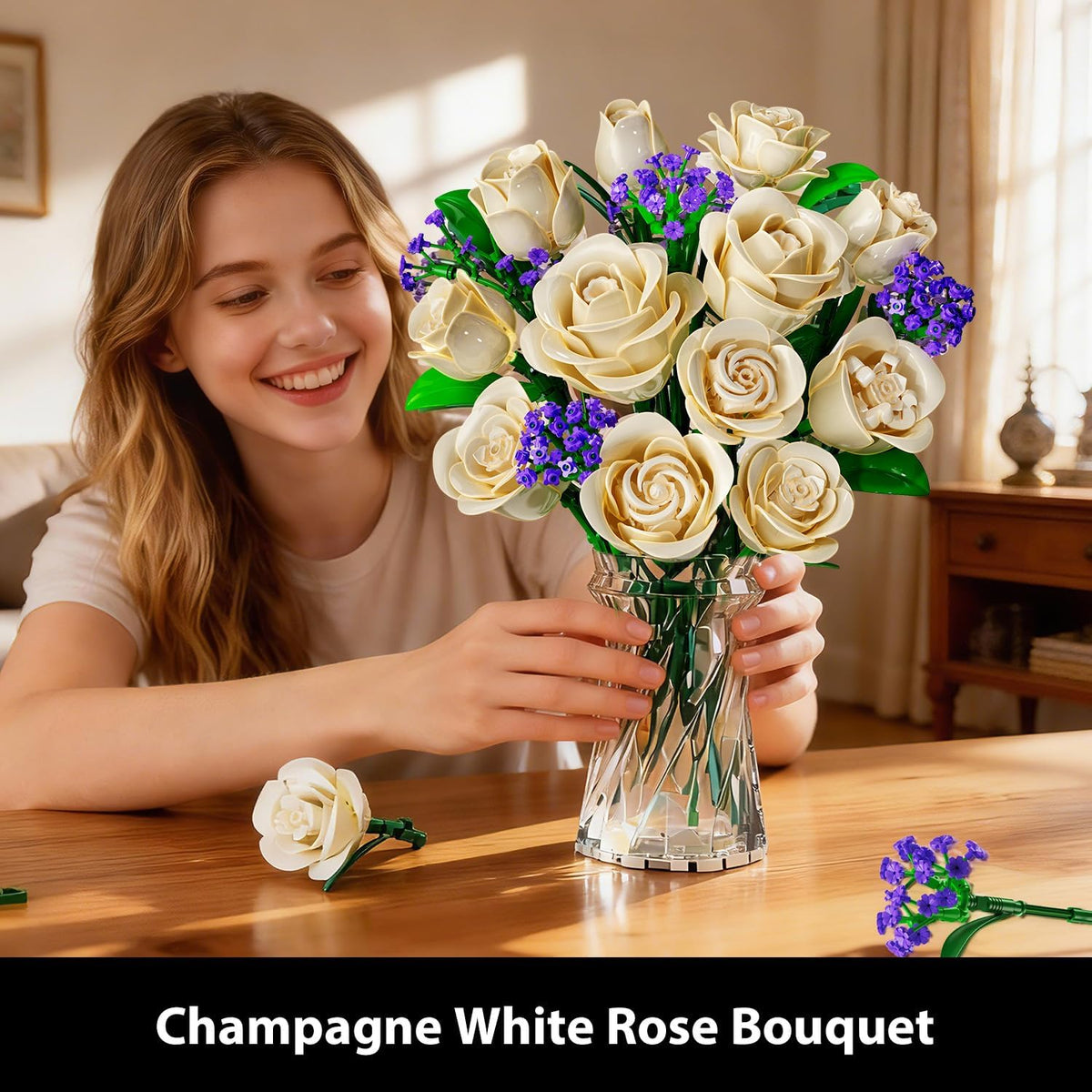 INSOON Champagne White Rose Bouquet Building Set with Lights SC8834