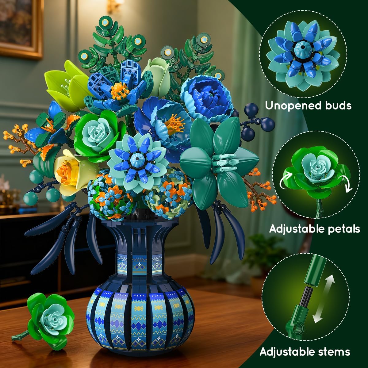INSOON Blue & White Peacock Flower Building Set with Vase SC8837
