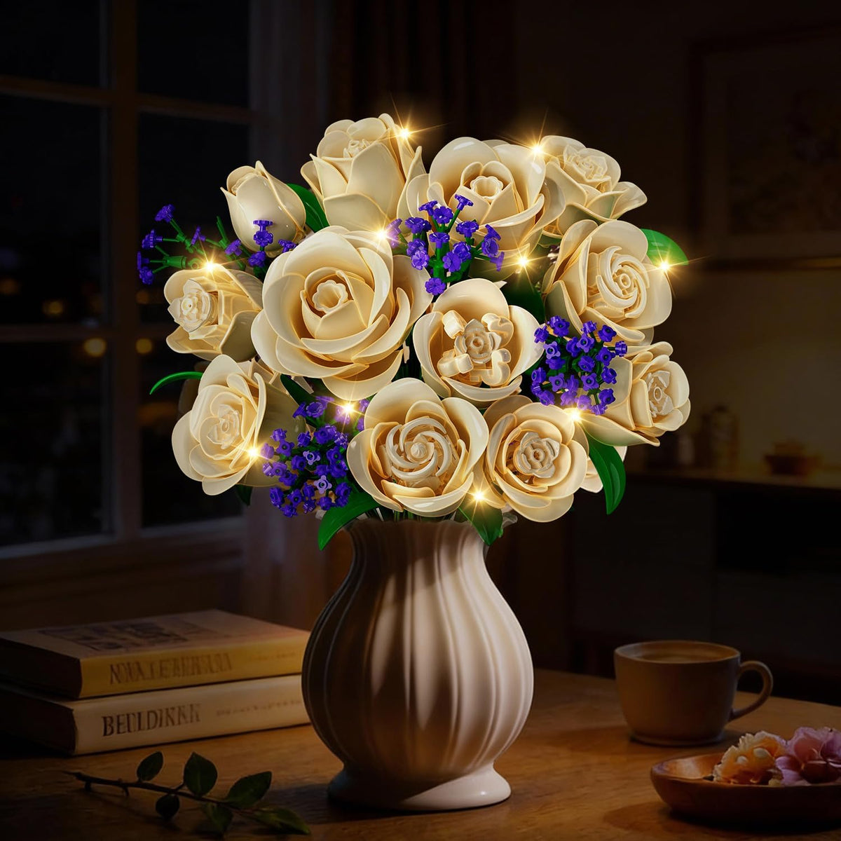 INSOON Champagne White Rose Bouquet Building Set with Lights SC8834