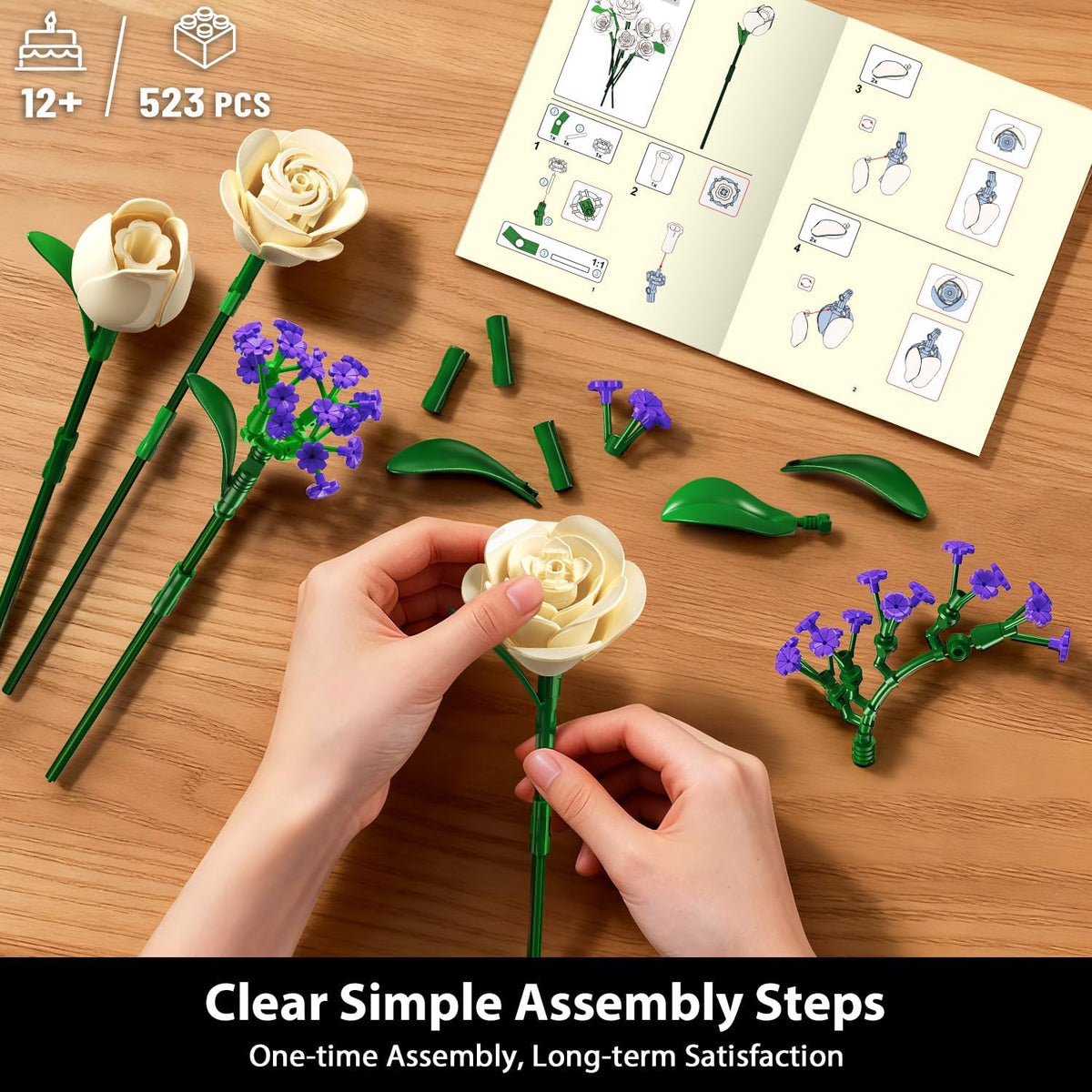 INSOON Champagne White Rose Bouquet Building Set with Lights SC8834