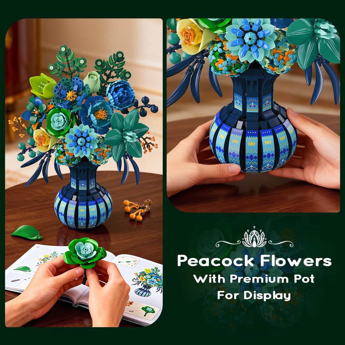 INSOON Blue & White Peacock Flower Building Set with Vase SC8837