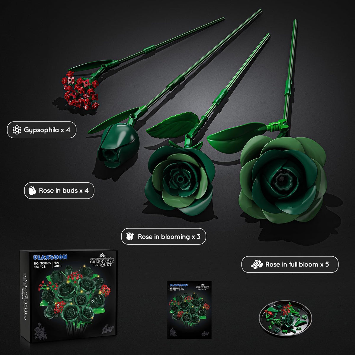INSOON Green Rose Flower Bouquet Building Set with Lights SC8835