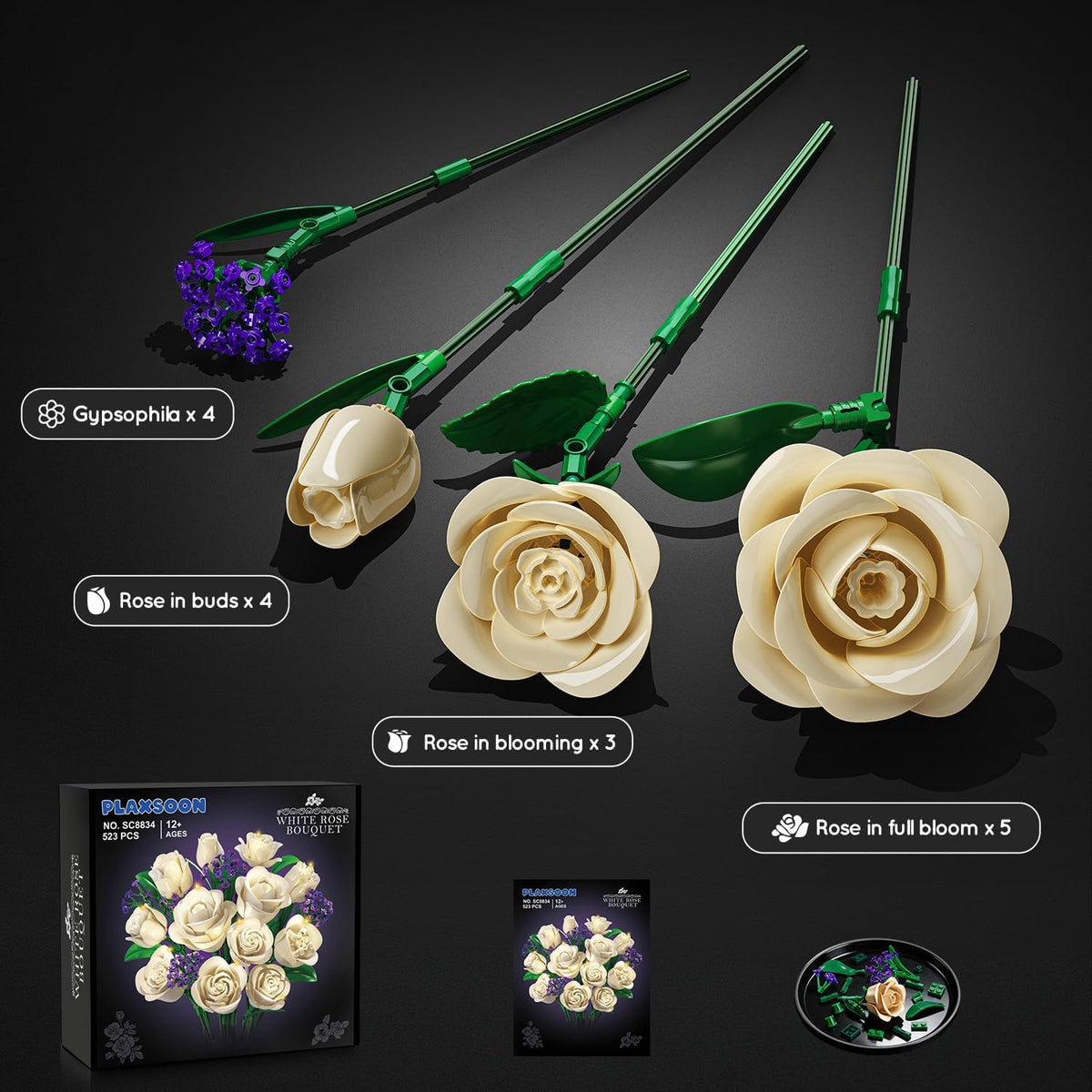 INSOON Champagne White Rose Bouquet Building Set with Lights SC8834