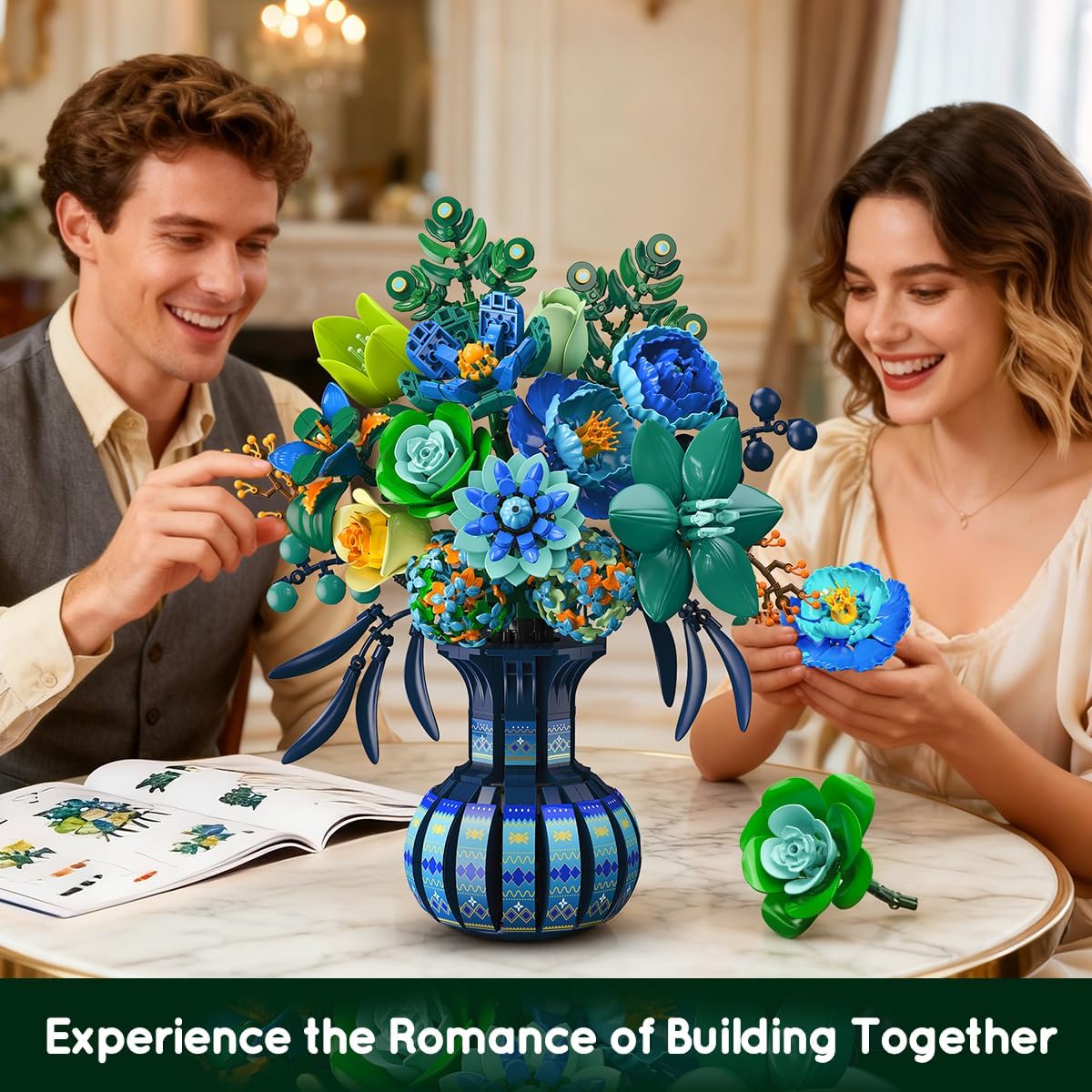 INSOON Blue & White Peacock Flower Building Set with Vase SC8837