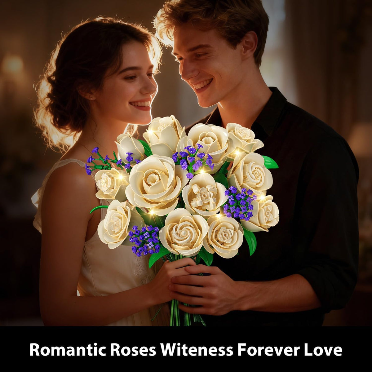 INSOON Champagne White Rose Bouquet Building Set with Lights SC8834