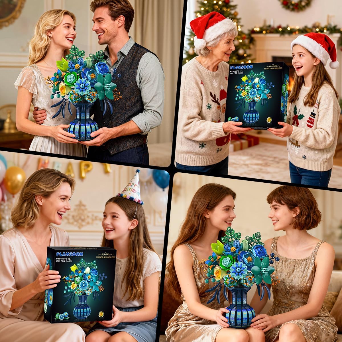 INSOON Blue & White Peacock Flower Building Set with Vase SC8837