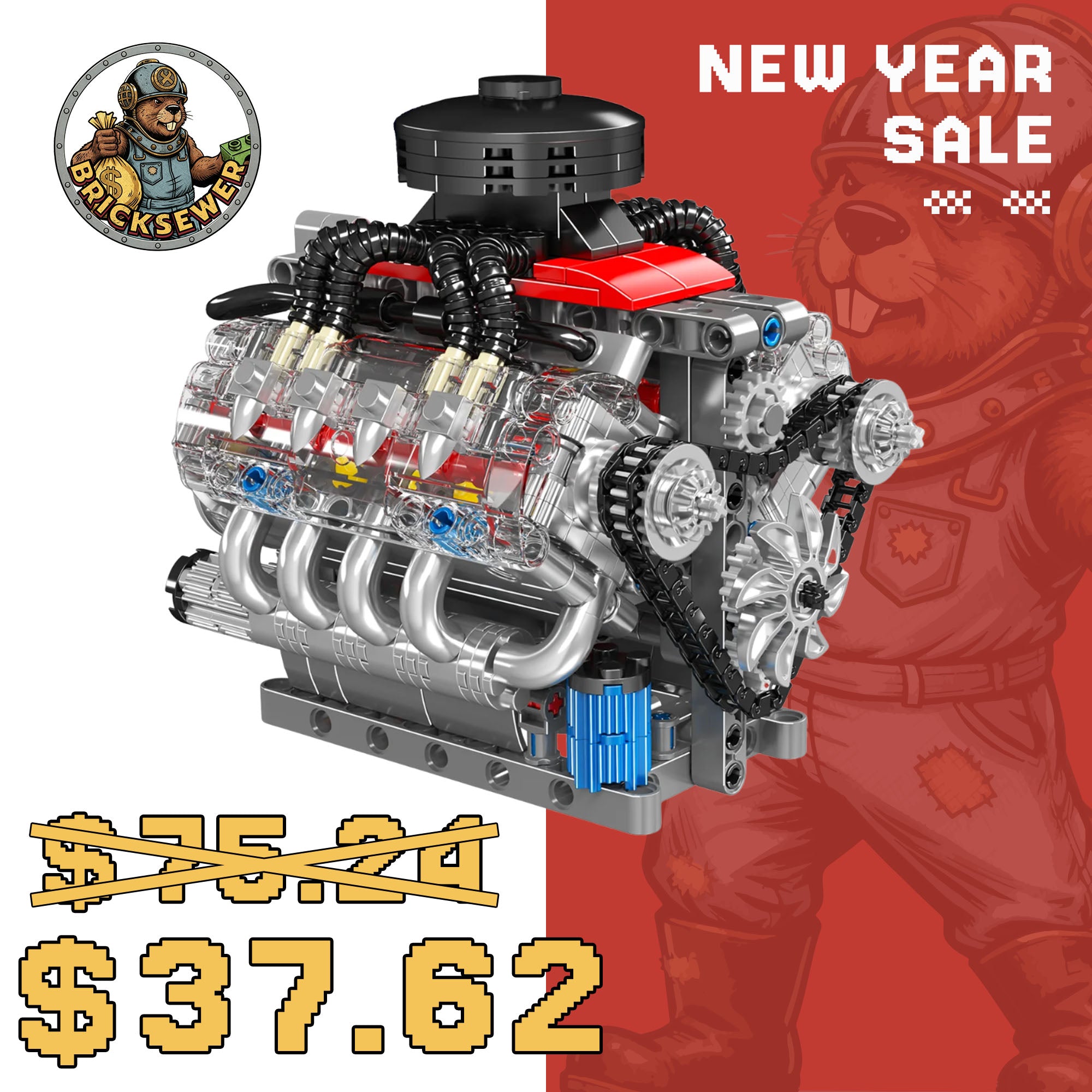 Mould King 10171 Chevy LSX454 Motorized V8 Engine Building Set | 487 Pcs