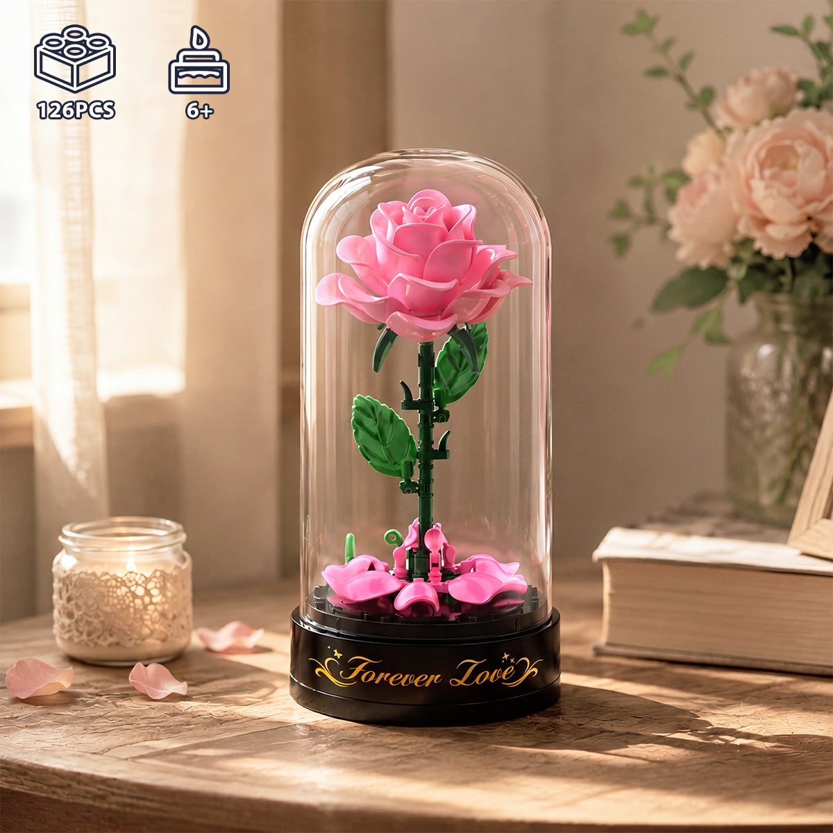 INSOON Rose Flower Building Set with Music Box and Display Dome SC6606