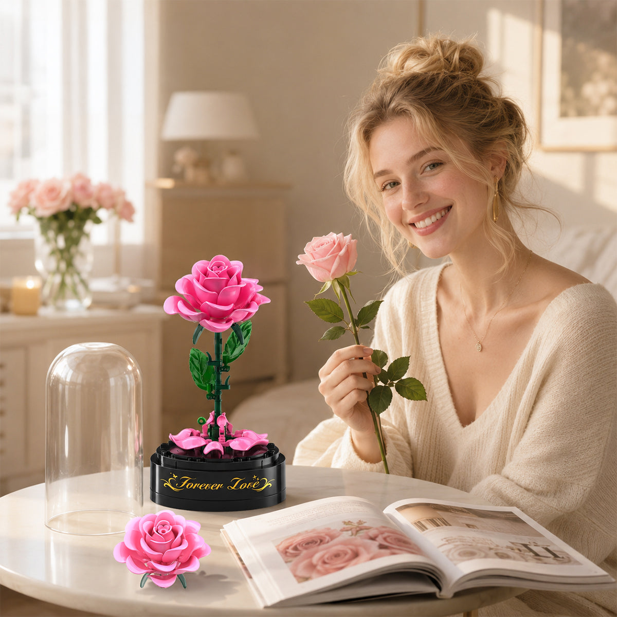 INSOON Rose Flower Building Set with Music Box and Display Dome SC6606