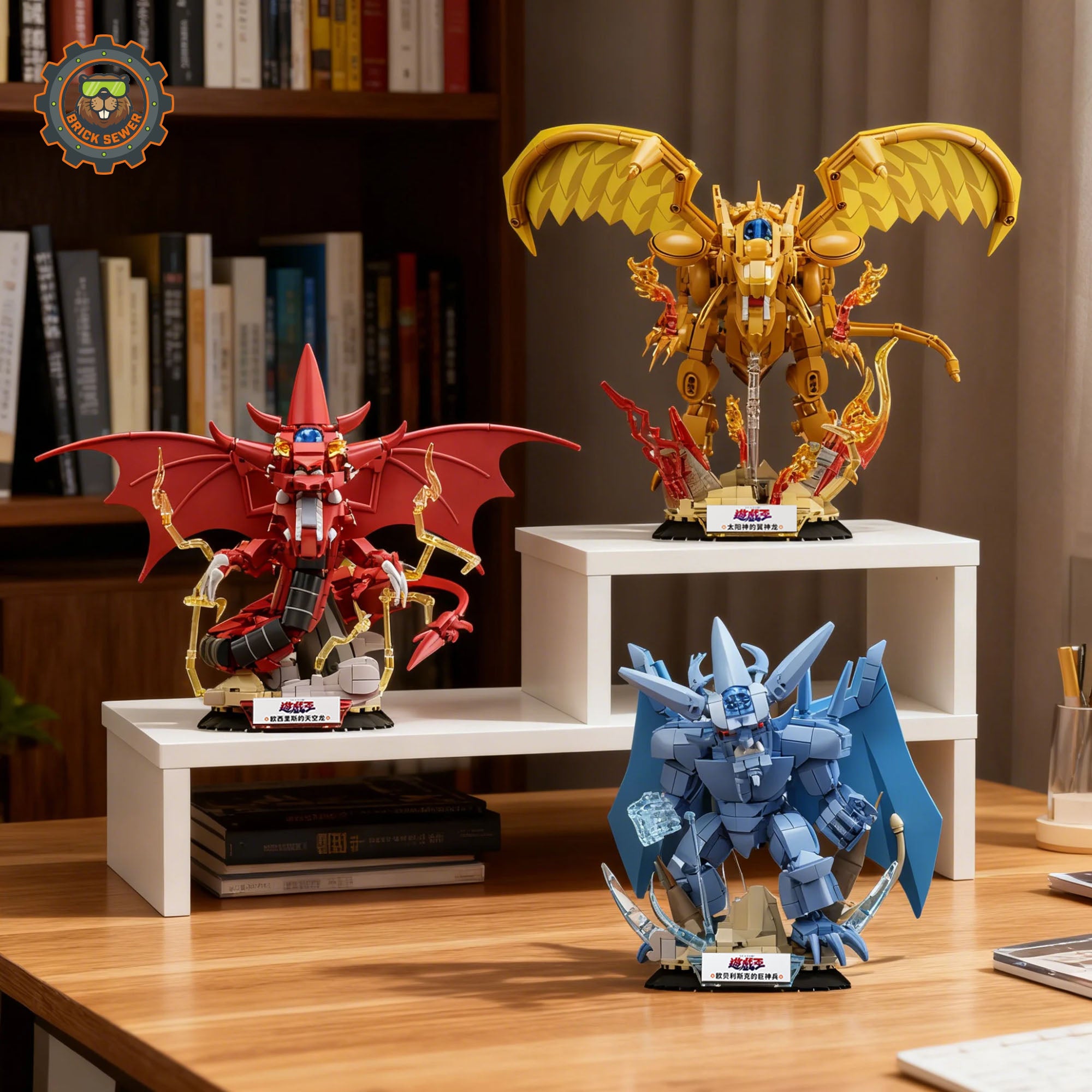 Yu-Gi-Oh! The Egyptian God Cards – Collector’s Brick Set (Obelisk, Ra & Slifer) figurines displayed on white shelves.