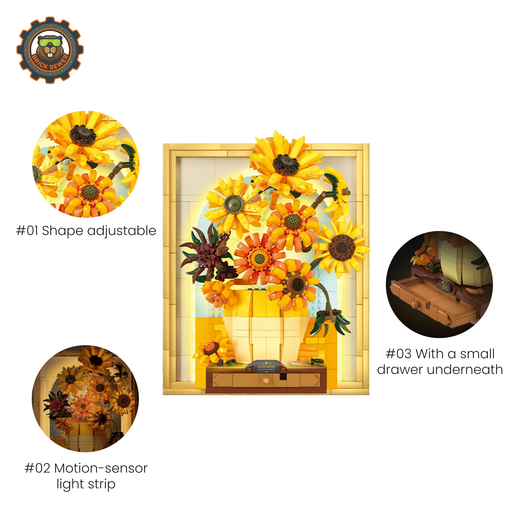 Van Gogh – Sunflowers 3D Brick Painting with Light & Drawer