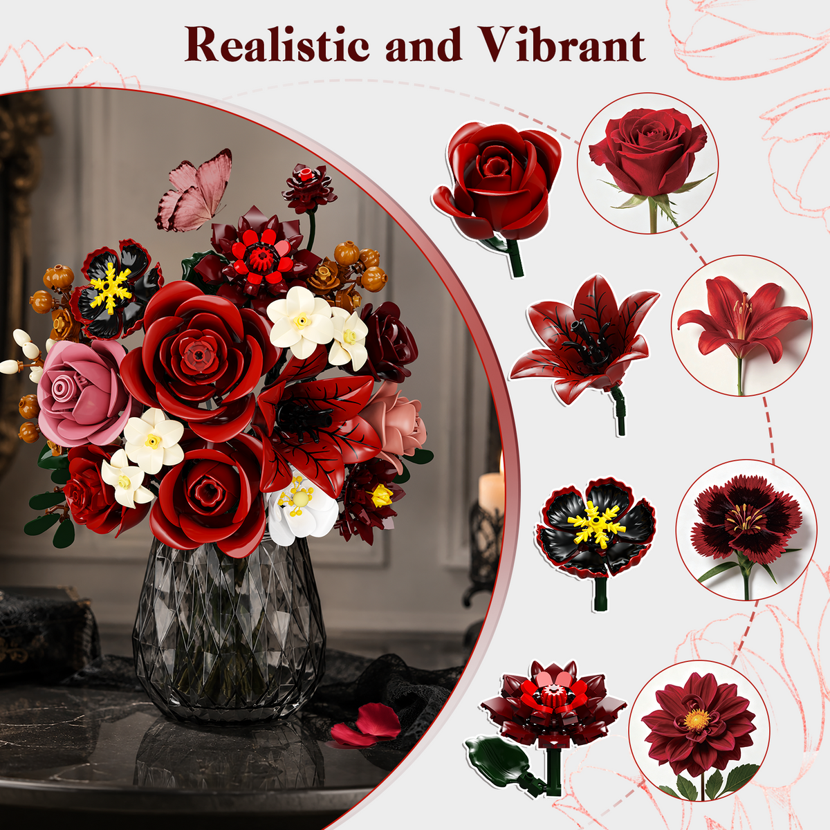 INSOON Crimson Rose Flower Bouquet Building Set SC8862
