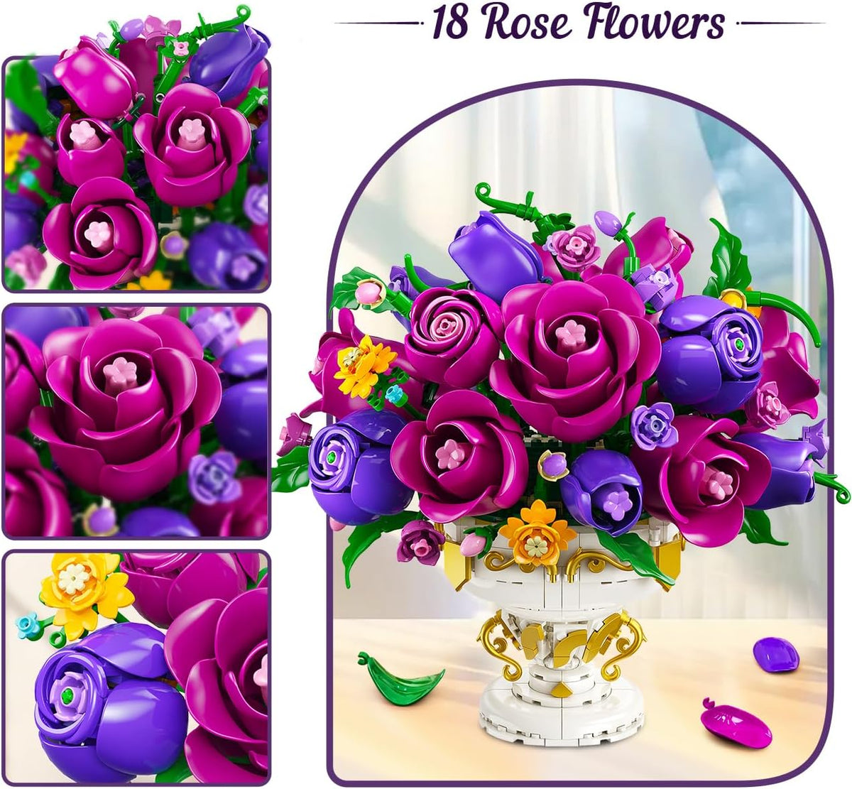 INSOON Purple Rose Flower Building Set with Vase HG1042