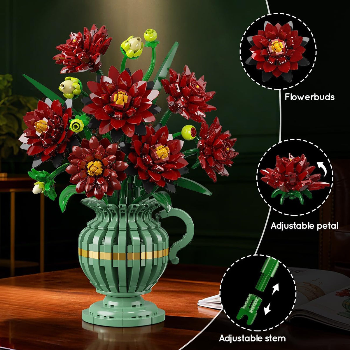 INSOON Black Dahlia Flowers Bonsai Building Set with Vase SC8812