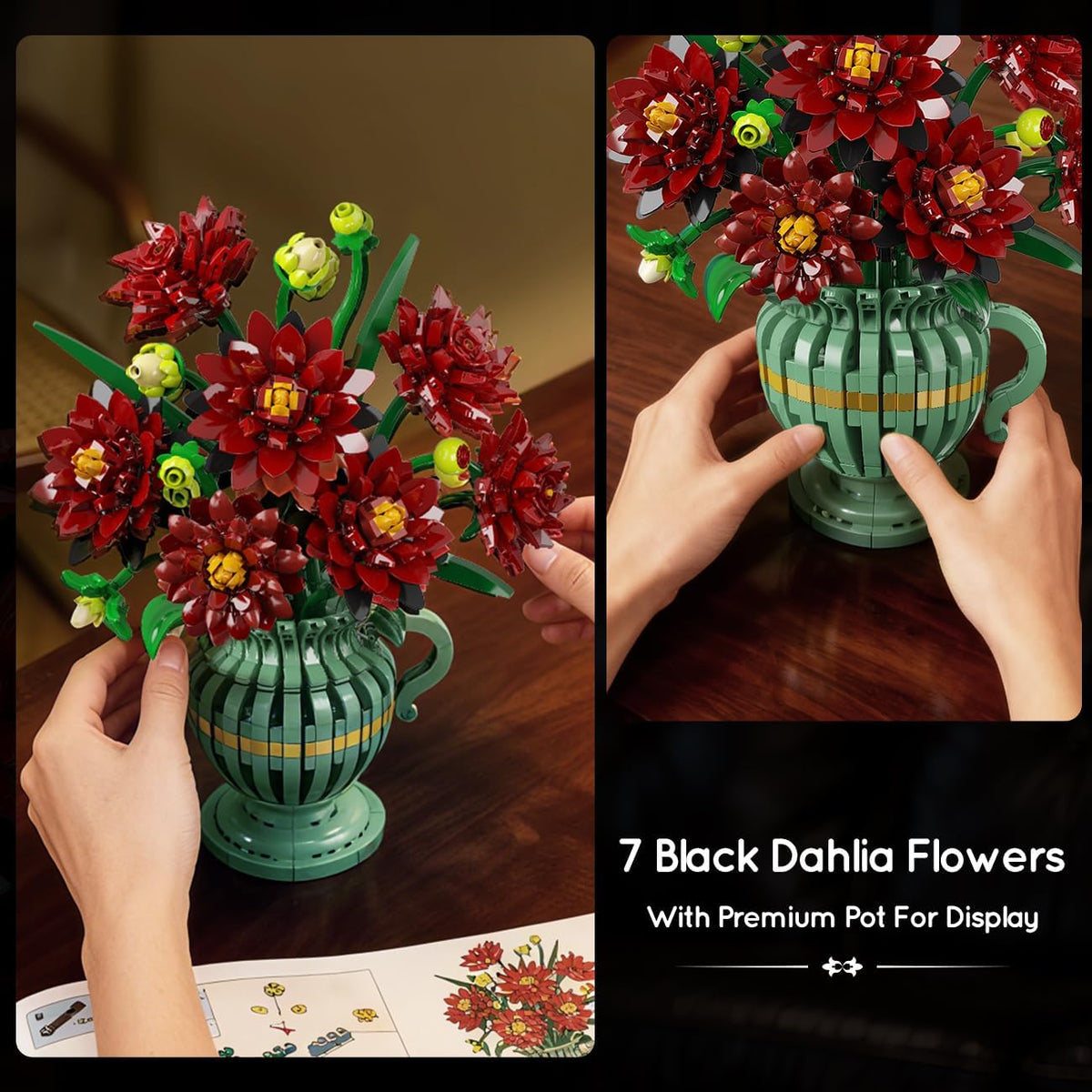 INSOON Black Dahlia Flowers Bonsai Building Set with Vase SC8812