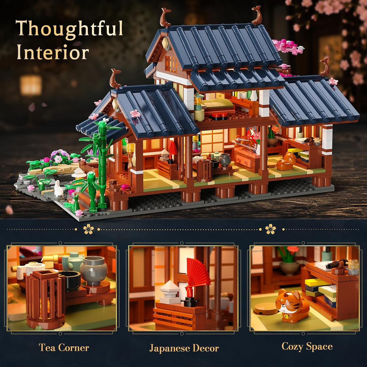 INSOON Cherry Blossom House Building Set with Lights, Japanese Zen Garden SC8846