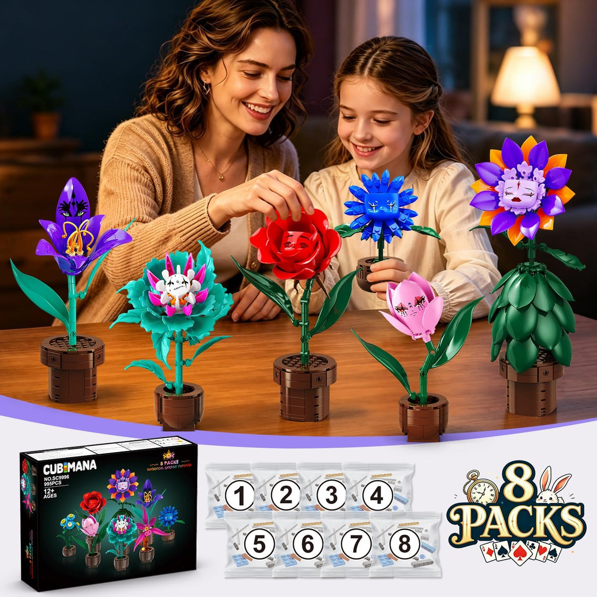 INSOON 8 Pack Halloween Flower Building Set with Spooky Faces SC9996