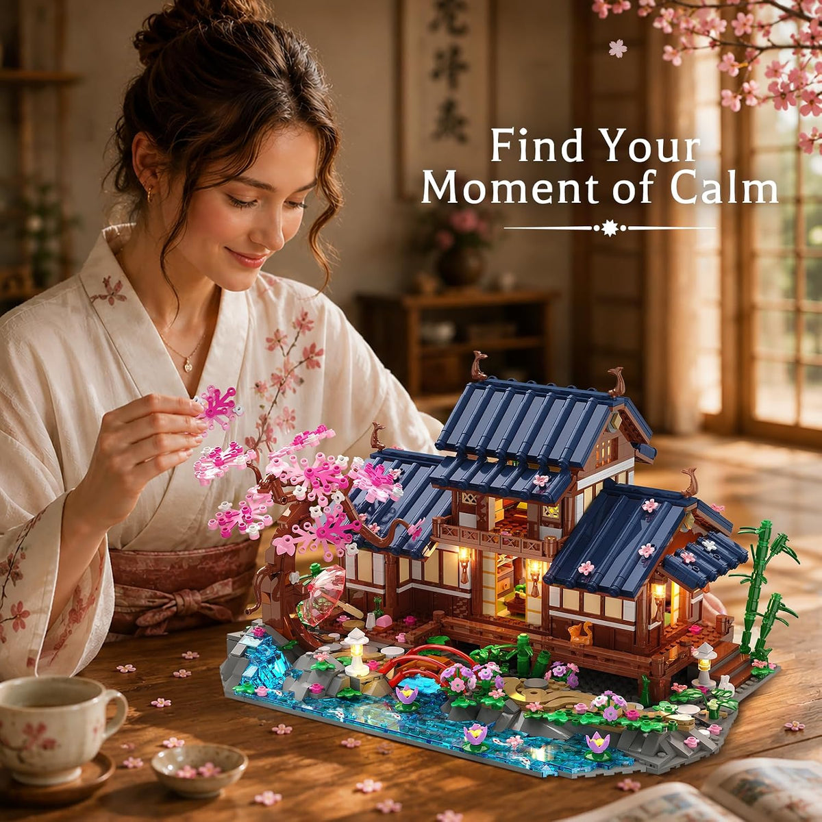 INSOON Cherry Blossom House Building Set with Lights, Japanese Zen Garden SC8846