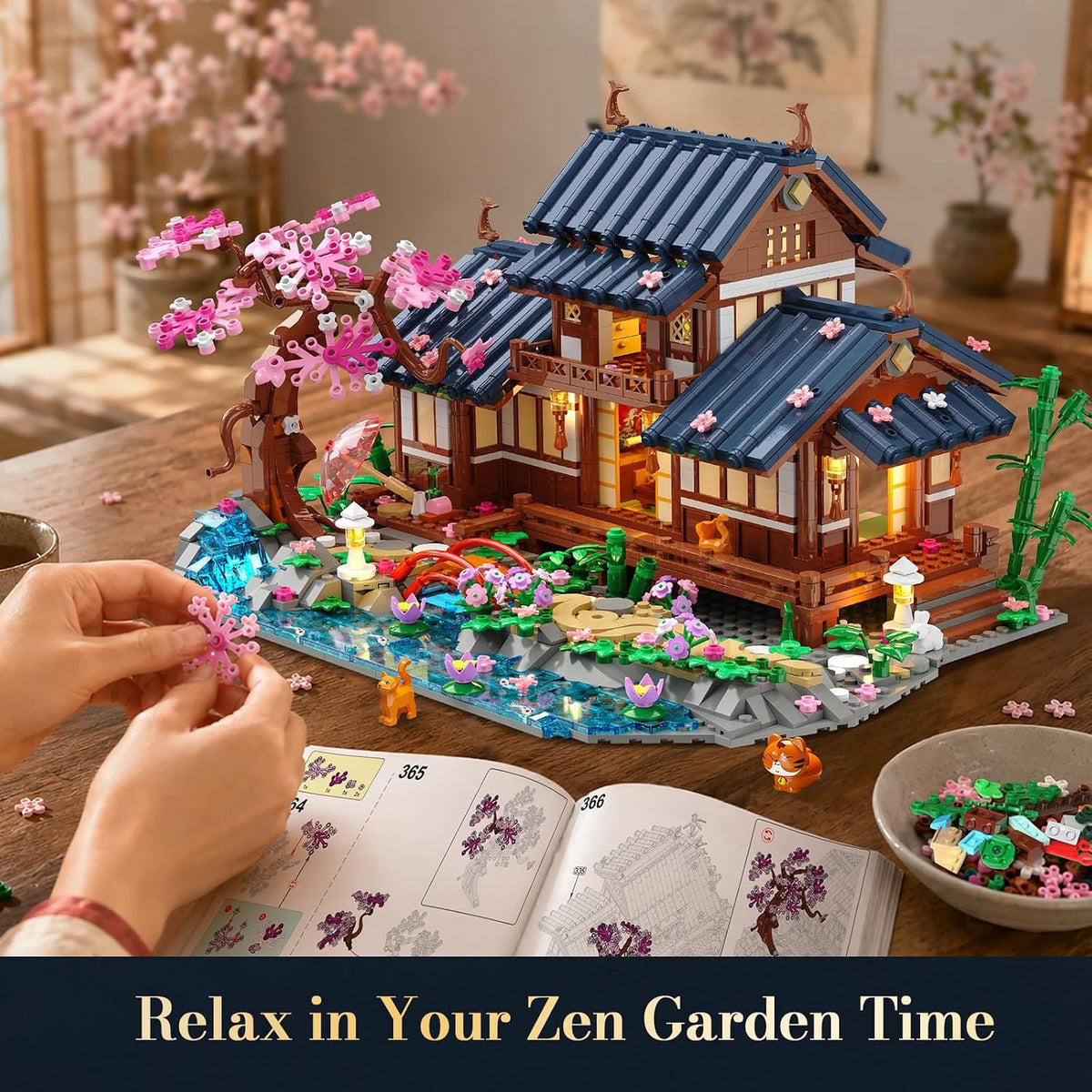 INSOON Cherry Blossom House Building Set with Lights, Japanese Zen Garden SC8846