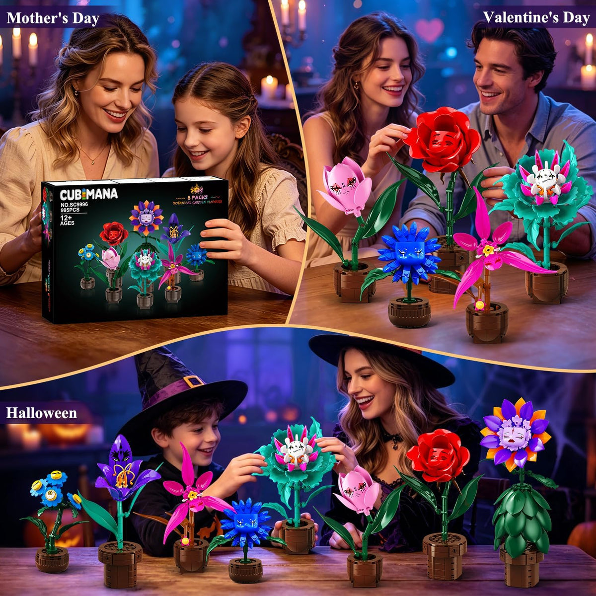 INSOON 8 Pack Halloween Flower Building Set with Spooky Faces SC9996
