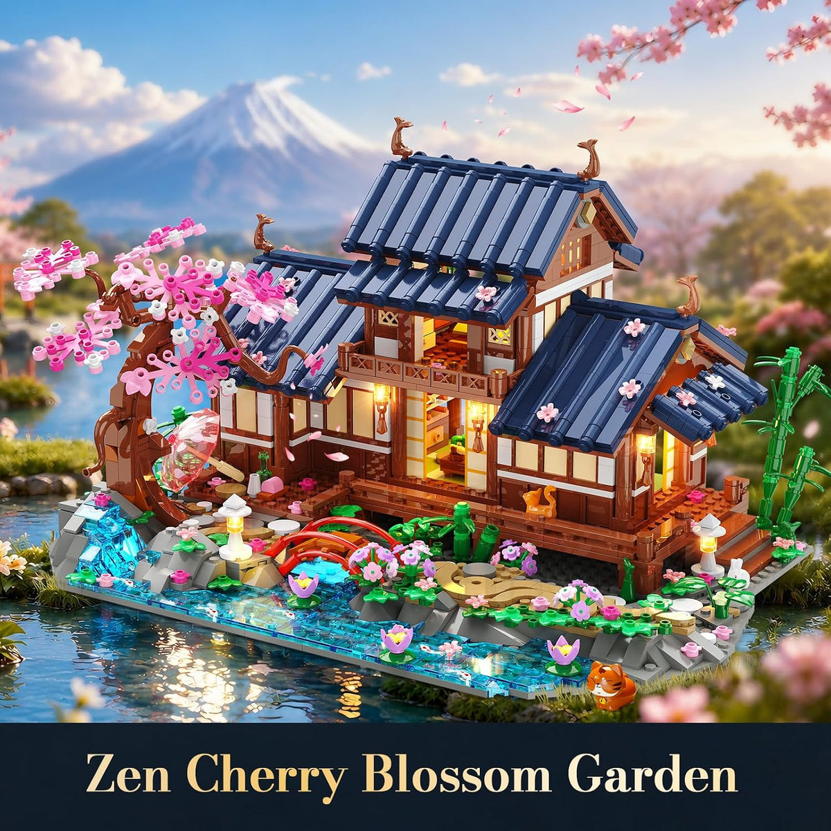 INSOON Cherry Blossom House Building Set with Lights, Japanese Zen Garden SC8846