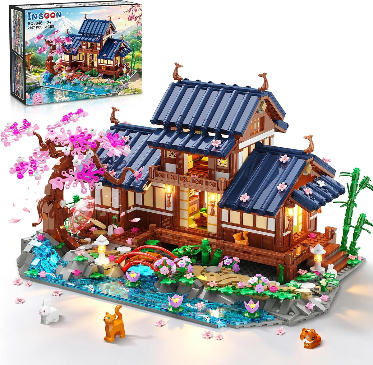 INSOON Cherry Blossom House Building Set with Lights, Japanese Zen Garden SC8846