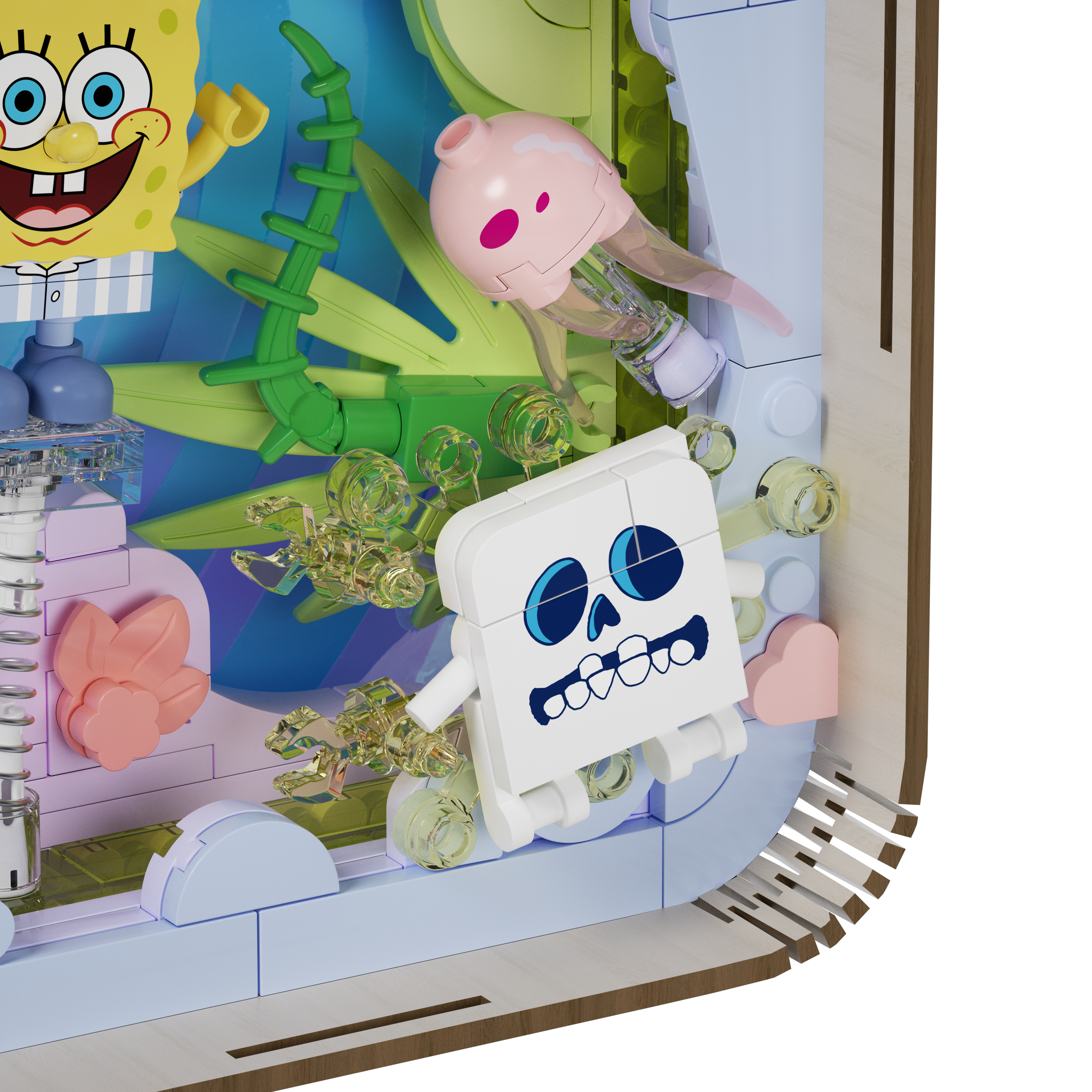 Toy set with cartoon characters and a skeleton figure on a colorful background