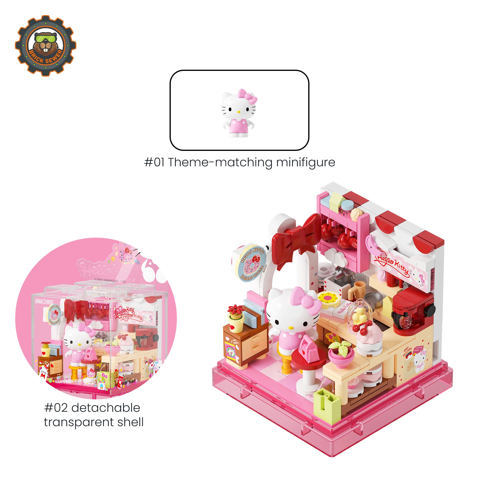 Sanrio Sweet Box – Hello Kitty Dessert Shop featuring a pink dessert counter and adorable Kitty minifigure.
