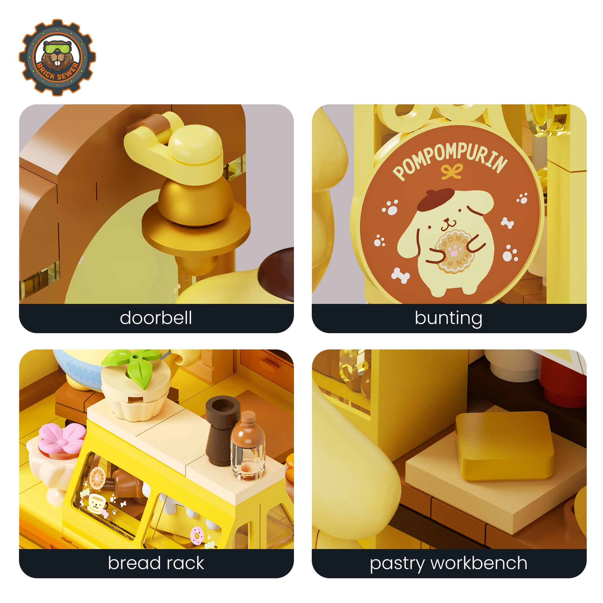 Sanrio Sweet Box – Pompompurin’s Cake Shop featuring doorbell, bunting, bread rack, and pastry workbench in a cozy bakery setting.