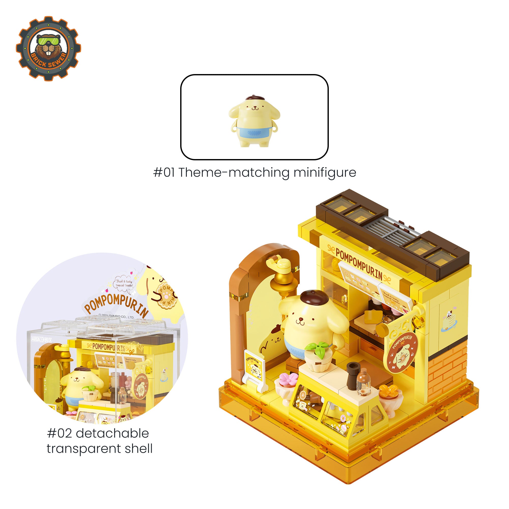 Sanrio Sweet Box – Pompompurin’s Cake Shop with detailed pastry display and theme-matching minifigure.