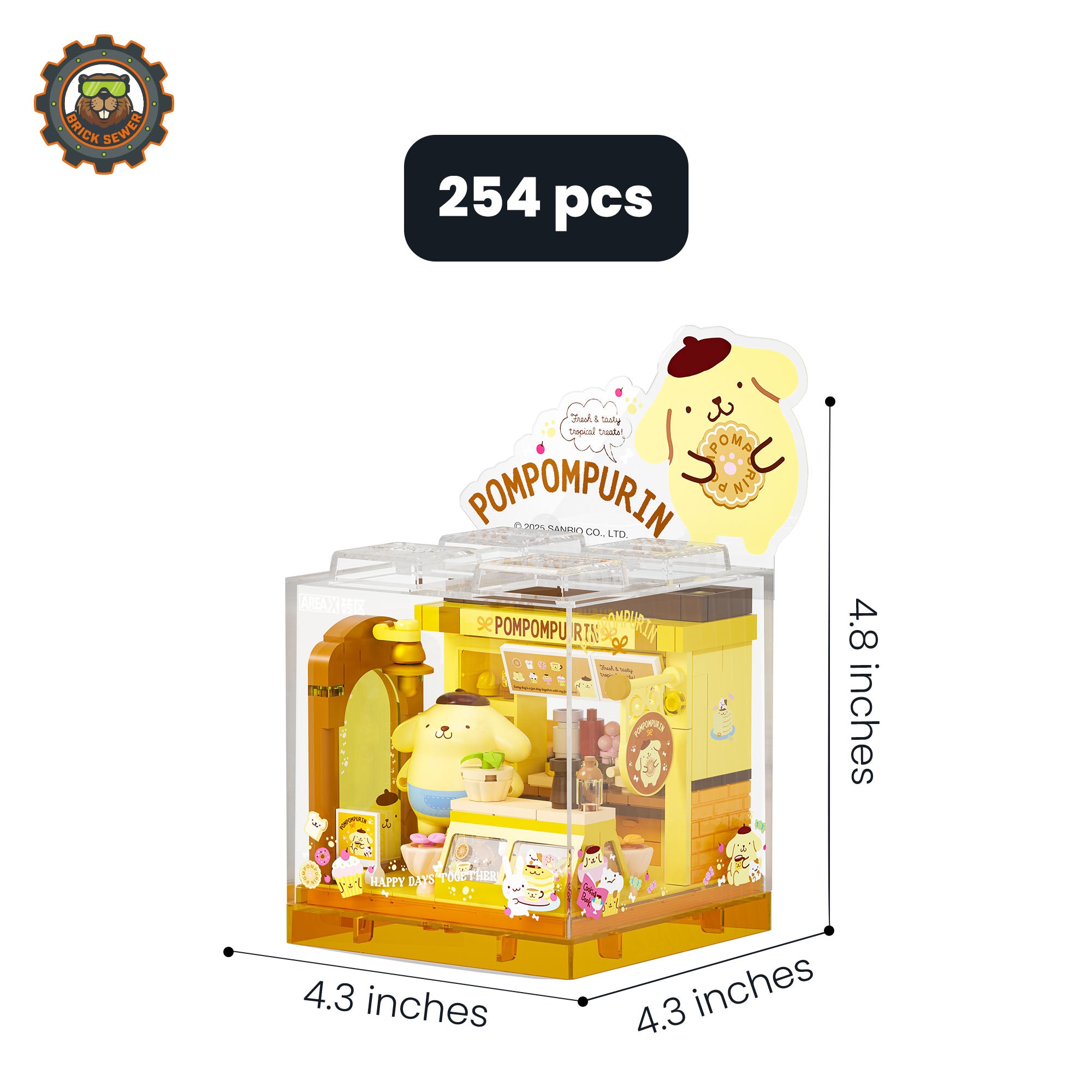 Sanrio Sweet Box – Pompompurin’s Cake Shop displaying 254 pcs with measuring details and cute pastry-themed décor.