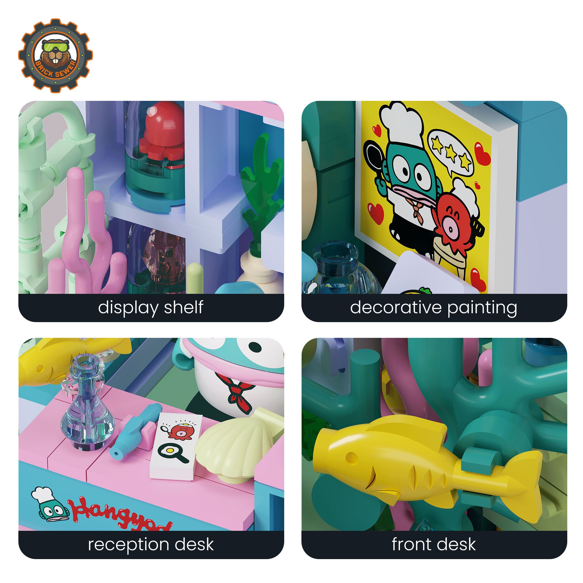 Sanrio Sweet Box – Hangyodon’s Seafood Diner features display shelf, decorative painting, reception desk, and front decor.