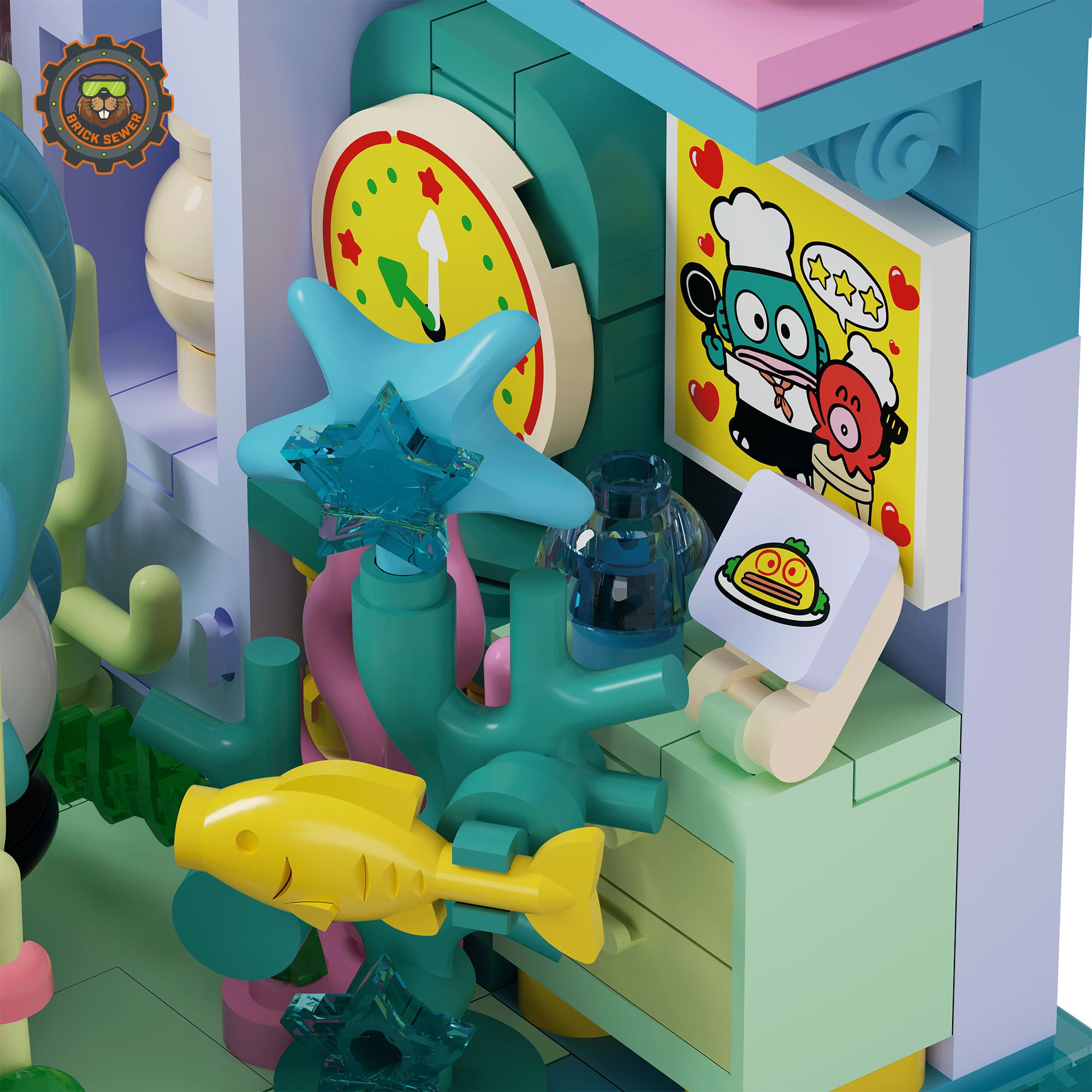 Sanrio Sweet Box – Hangyodon’s Seafood Diner interior with colorful marine details and illustrated wall art.