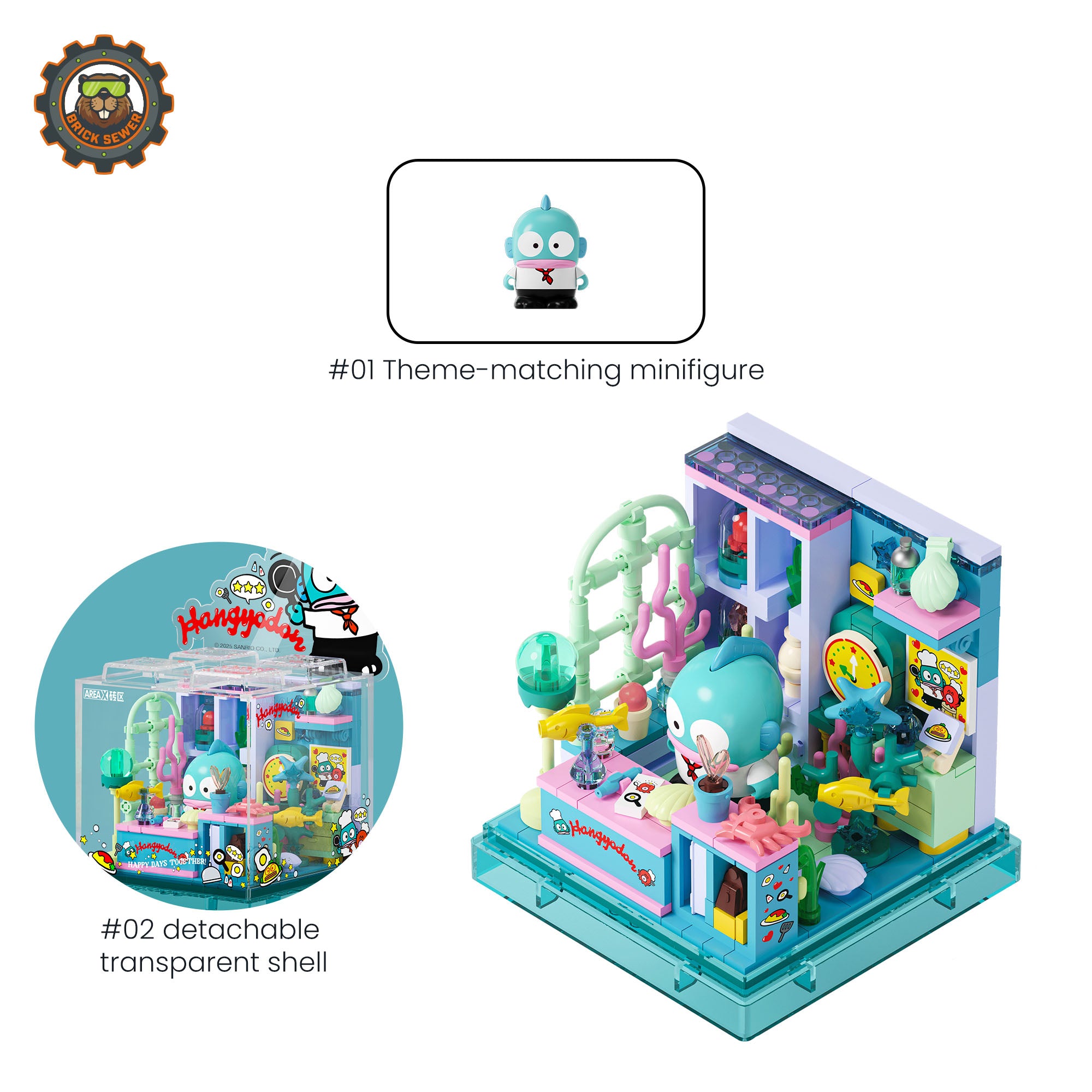 Sanrio Sweet Box – Hangyodon’s Seafood Diner with minifigure and colorful underwater decor.