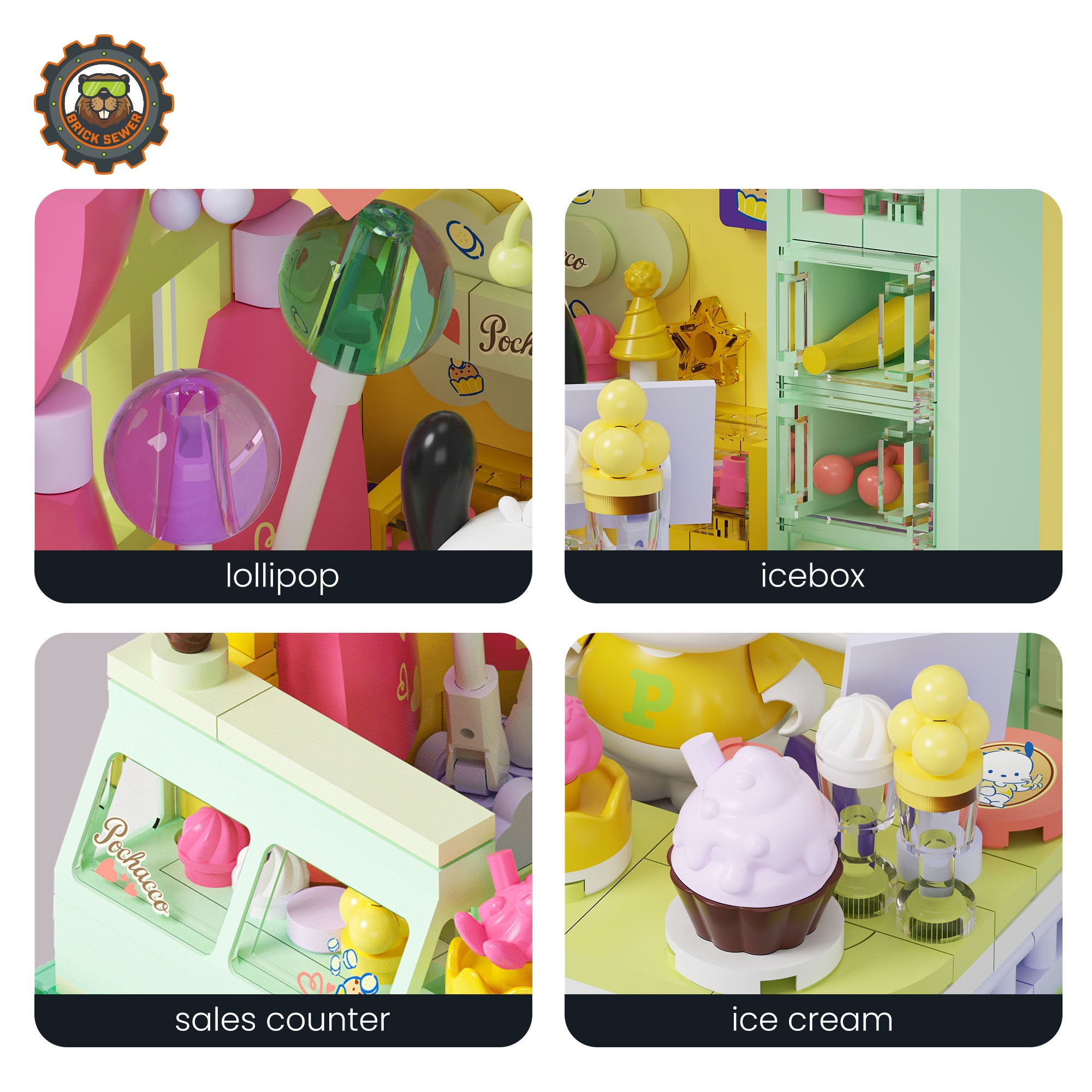 Sanrio Sweet Box – Pochacco’s Ice Cream Stand with lollipop, icebox, sales counter, and ice cream details.