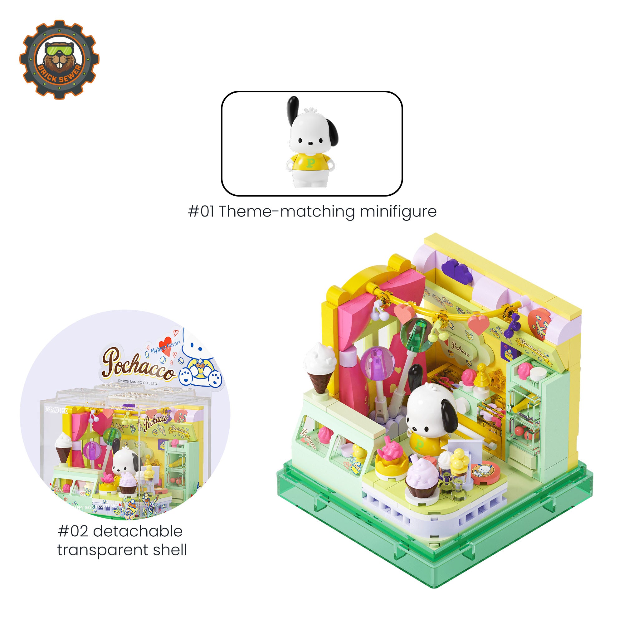 Sanrio Sweet Box – Pochacco’s Ice Cream Stand featuring a charming minifigure and colorful dessert setup.
