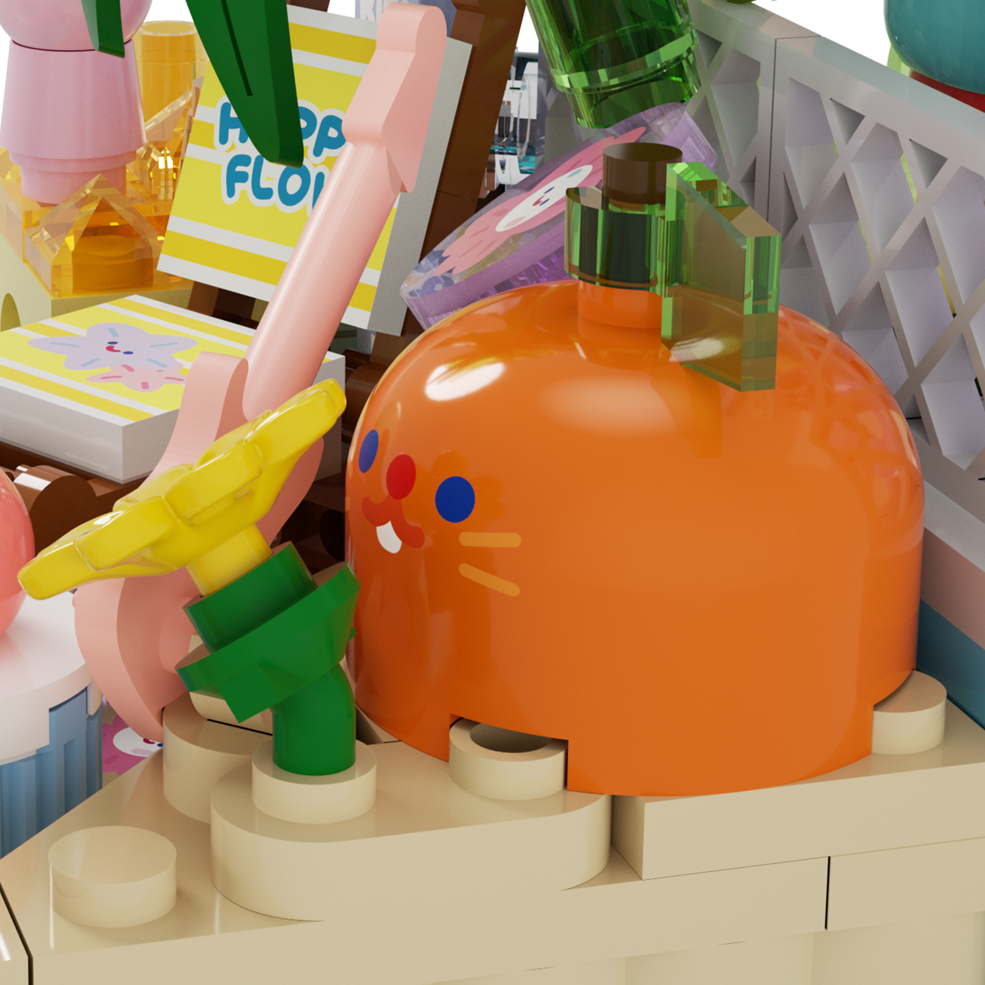 Rico & Bob - Travel Day playful orange creature among colorful beach items and drinks in a vibrant display.