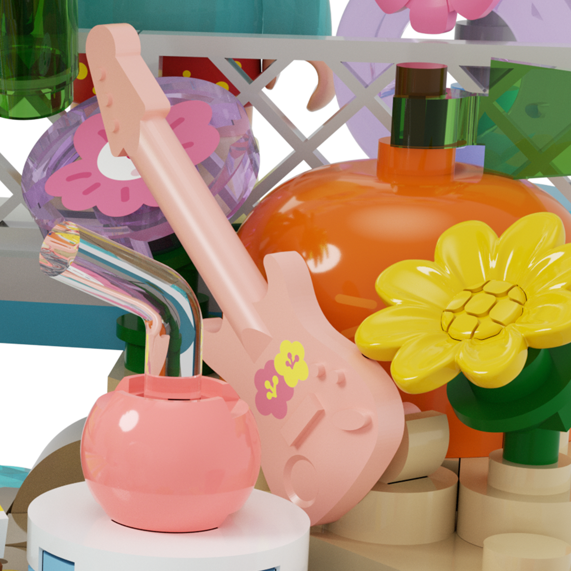 Rico & Bob - Travel Day scene featuring a pink guitar, flower, and colorful beach elements.