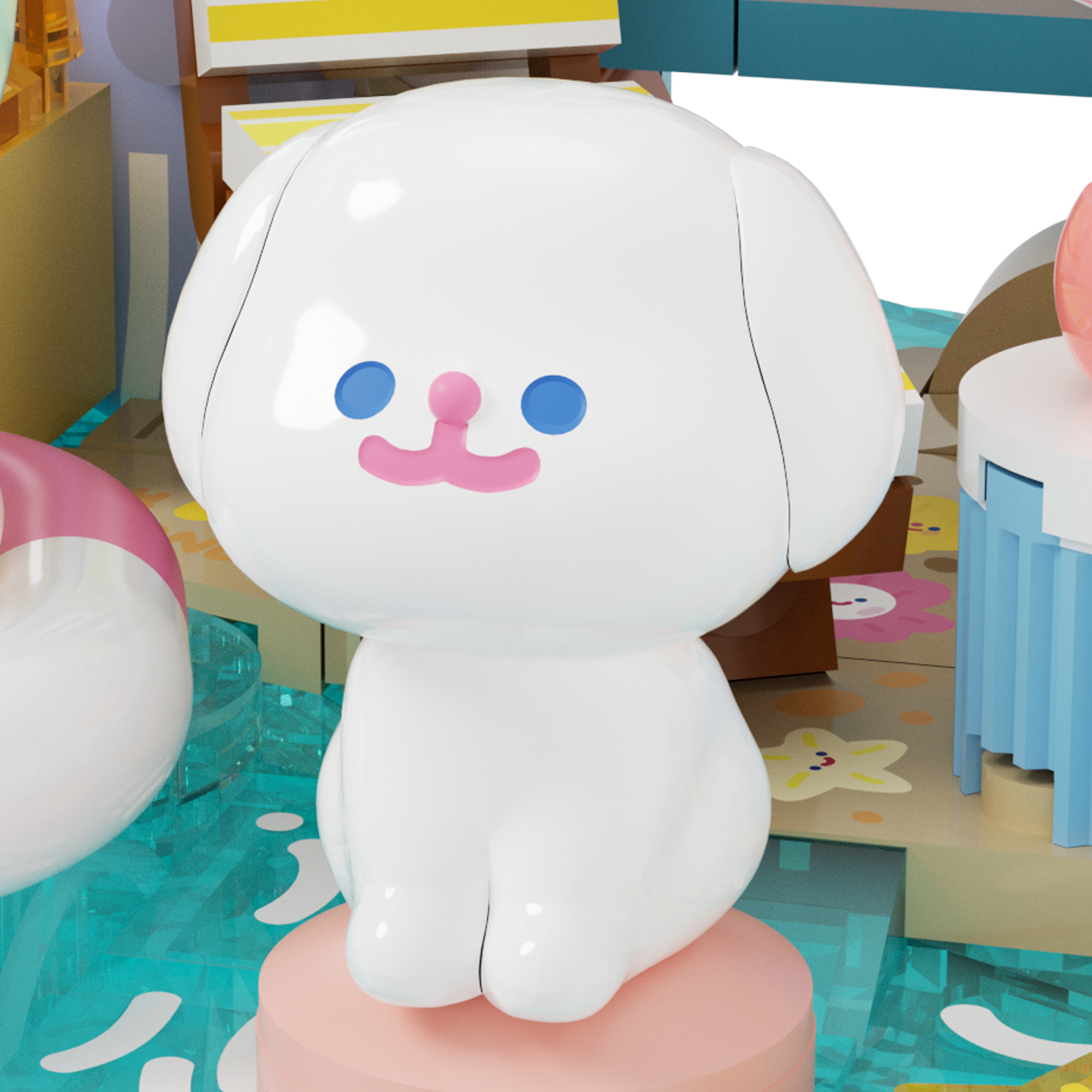 Rico & Bob - Travel Day features a playful white dog figurine amidst a vibrant beach scene.