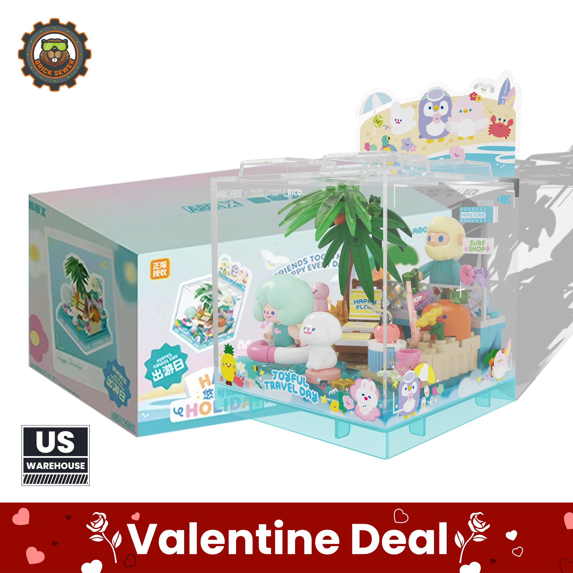 Rico & Bob - Travel Day display cube featuring Rico, Farmer Bob, beach scene with palm trees and playful sea creatures.