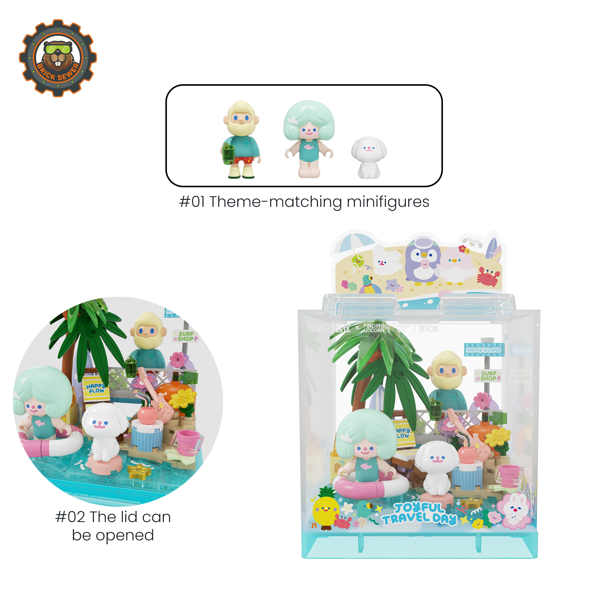 Rico & Bob - Travel Day display cube with minifigures on a sunny beach with palm trees and fun accessories.
