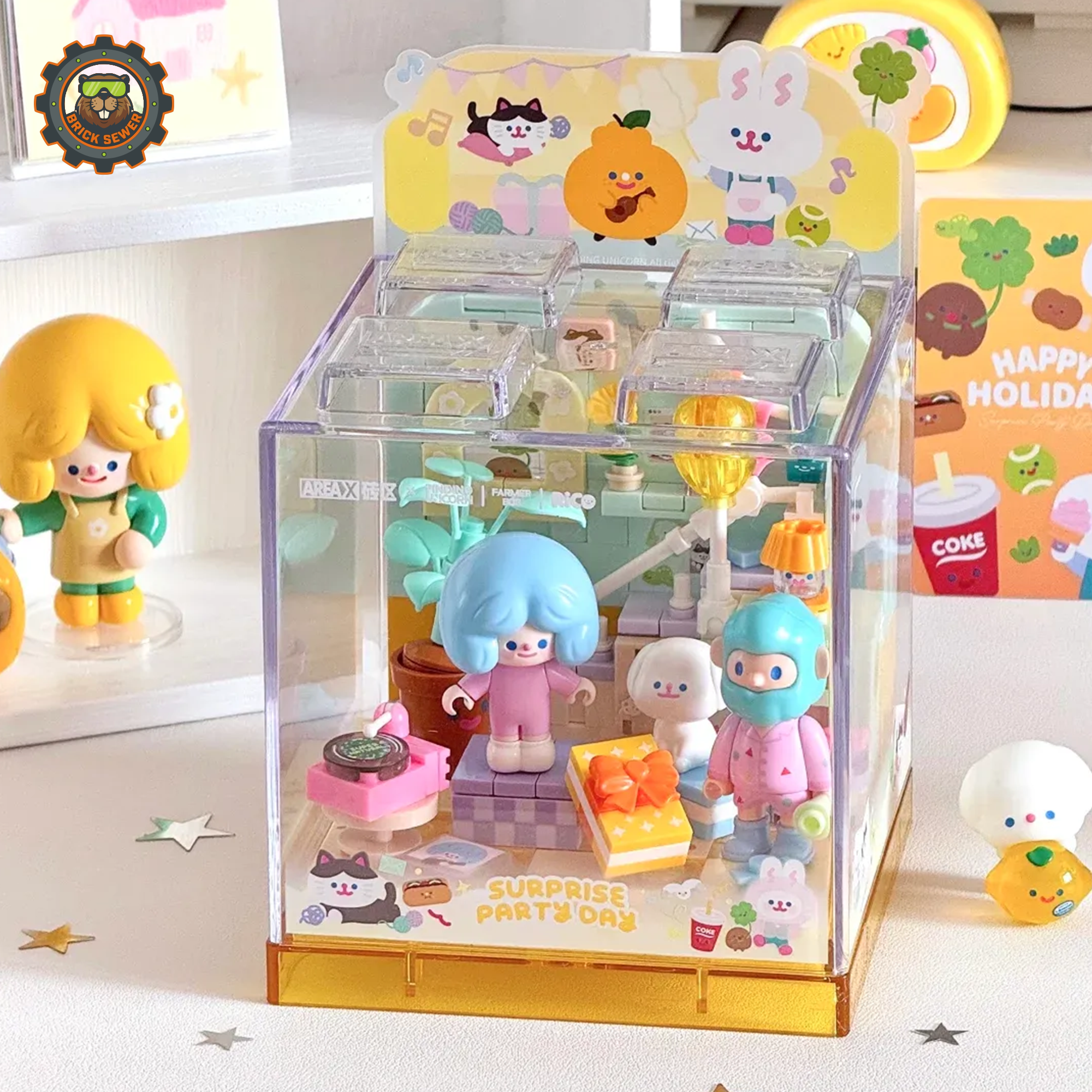 Rico & Bob - Party Day toy display with colorful decorations and characters enjoying a surprise party.