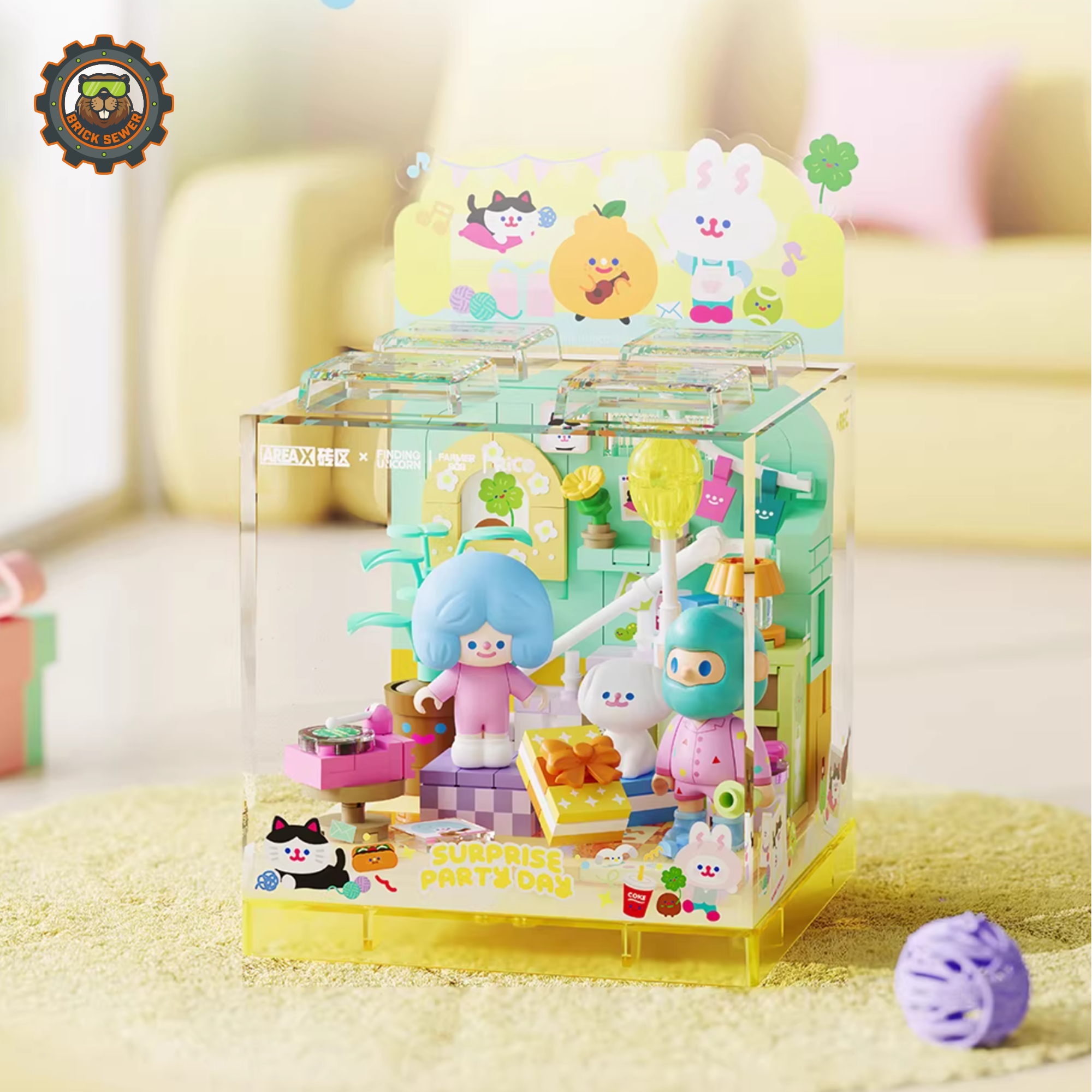 alt_tag: Rico & Bob - Party Day vibrant surprise party decoration in a cozy room with colorful characters and treats.