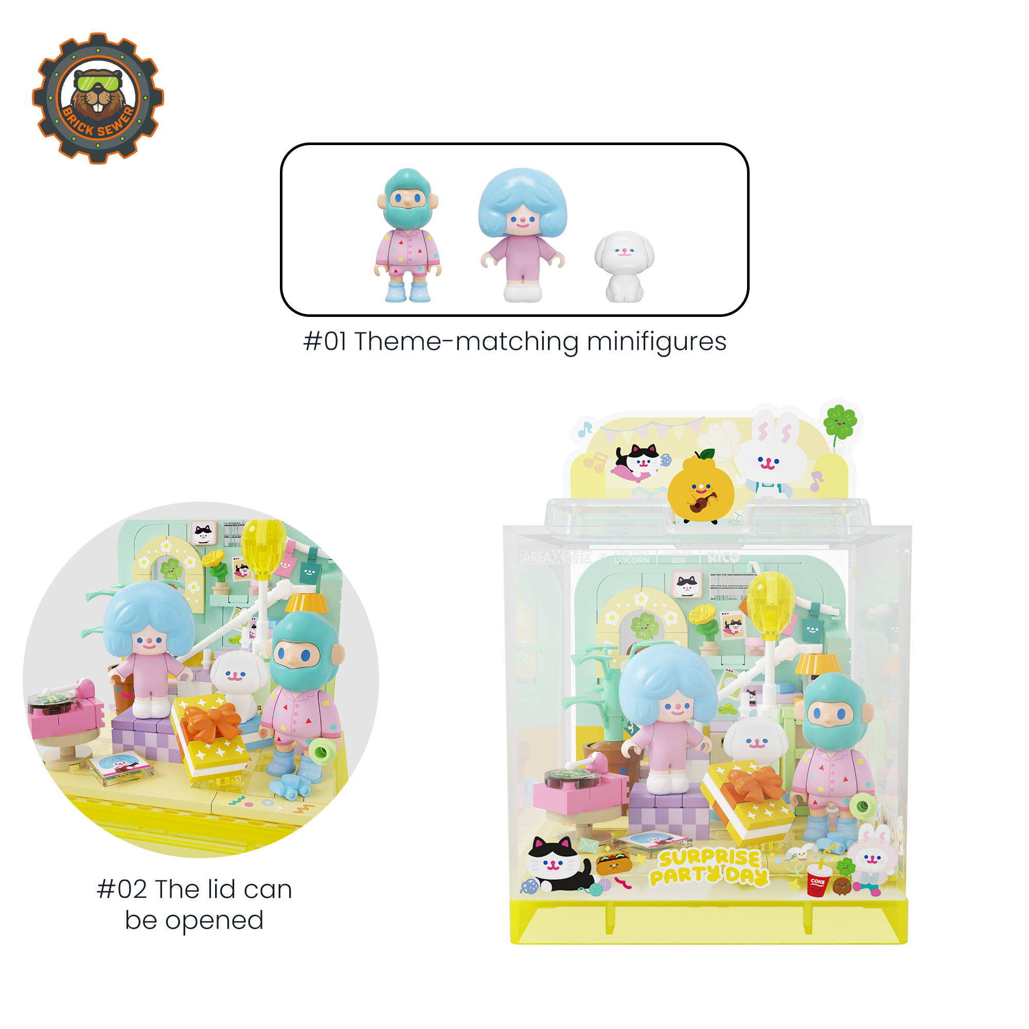 Rico & Bob - Party Day themed minifigures and colorful surprise party decorations.