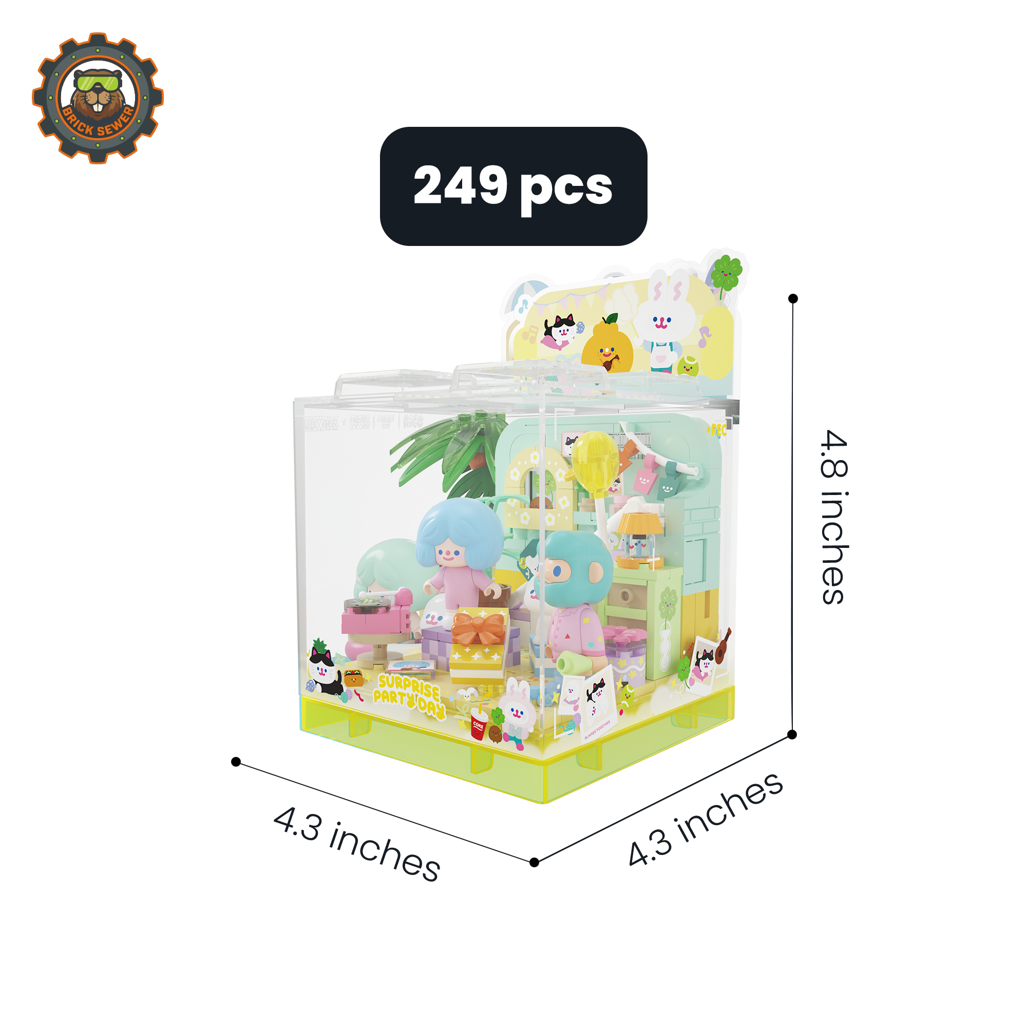 Rico & Bob - Party Day playful cube with vibrant decorations, balloons, and characters, showcasing 249 pcs, dimensions 4.3x4.3x4.8 inches.