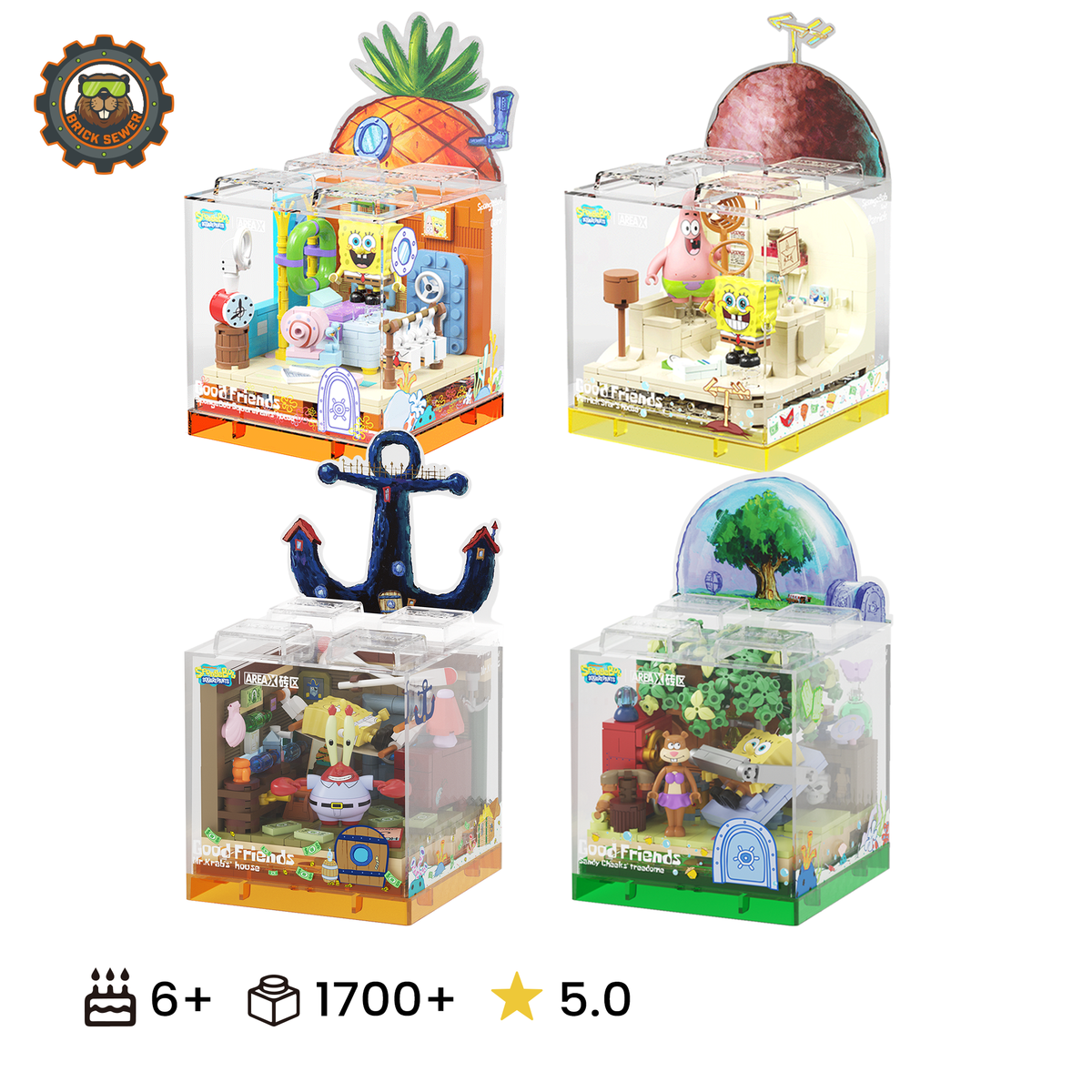 AreaX SpongeBob Bikini Bottom 4-House Complete Set (Pineapple + Patrick + Mr. Krabs + Treedome)