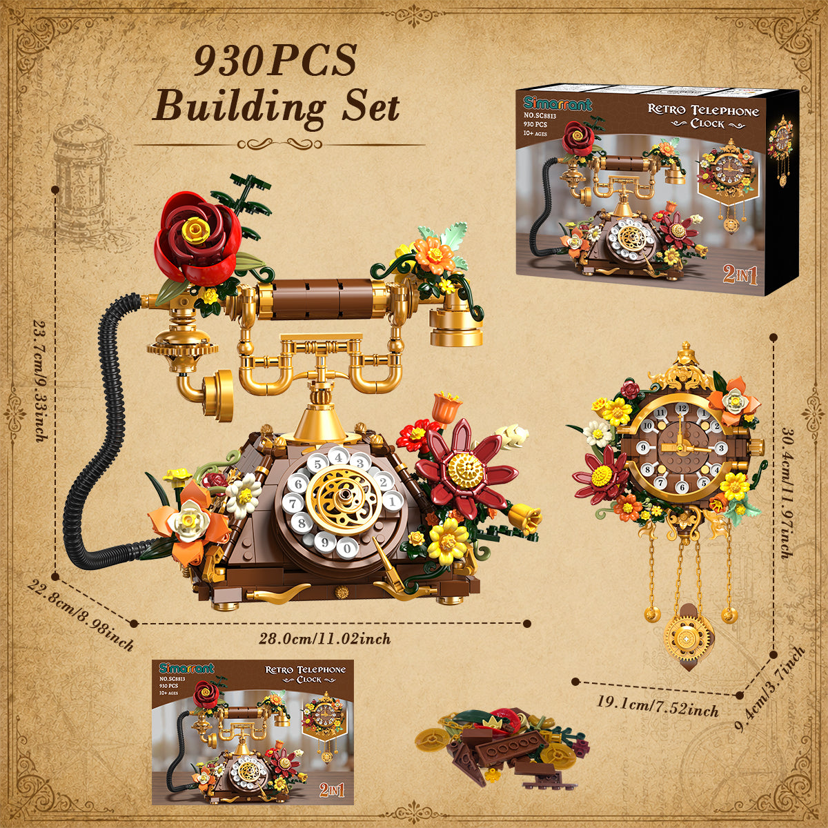 INSOON 2-in-1 Retro Telephone & Wall Clock Building Set (930 PCS) SC8813